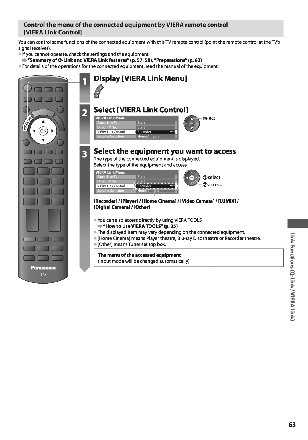 Panasonic TX-L42U3E, TX-L32U3E Display VIERA Link Menu, Select VIERA Link Control, Select the equipment you want to access 