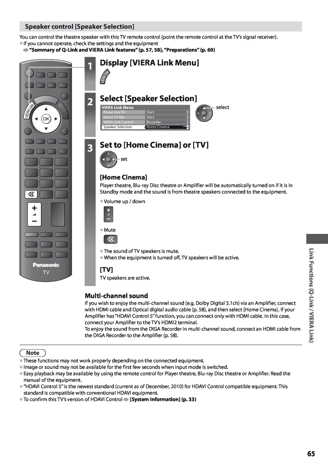 Panasonic TX-L37U3E, TX-L42U3E Select Speaker Selection, Set to Home Cinema or TV, Speaker control Speaker Selection, Tvtv 