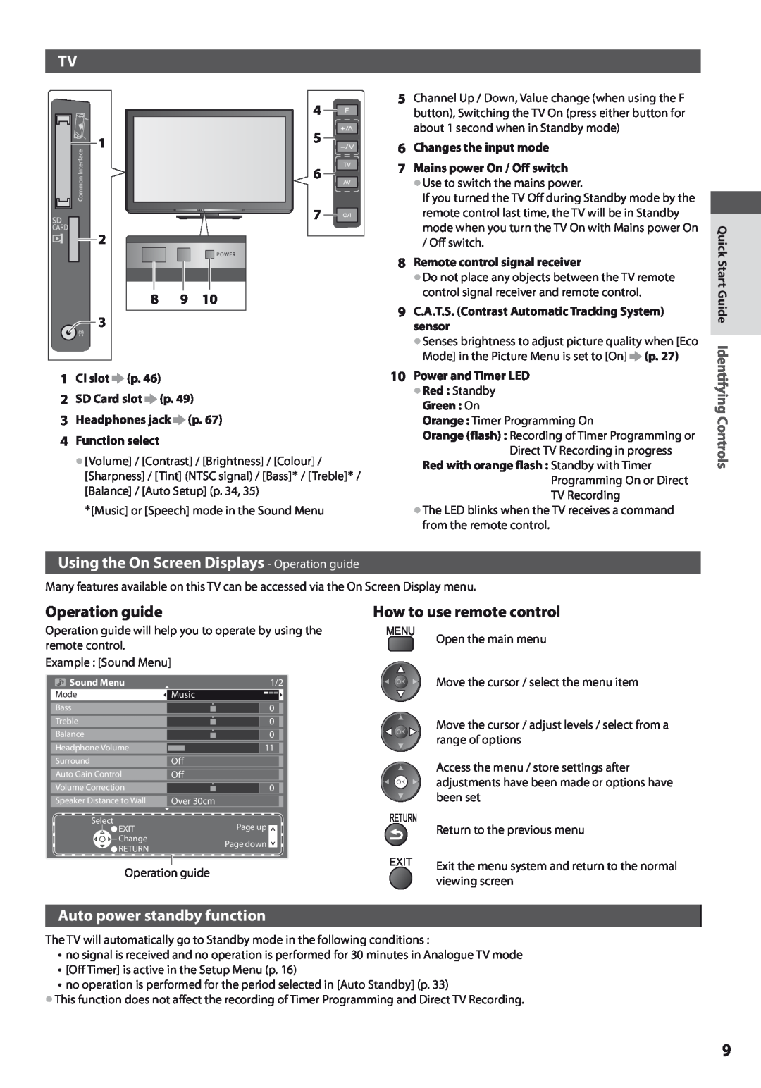 Panasonic TX-L42U3E Using the On Screen Displays - Operation guide, How to use remote control, Auto power standby function 