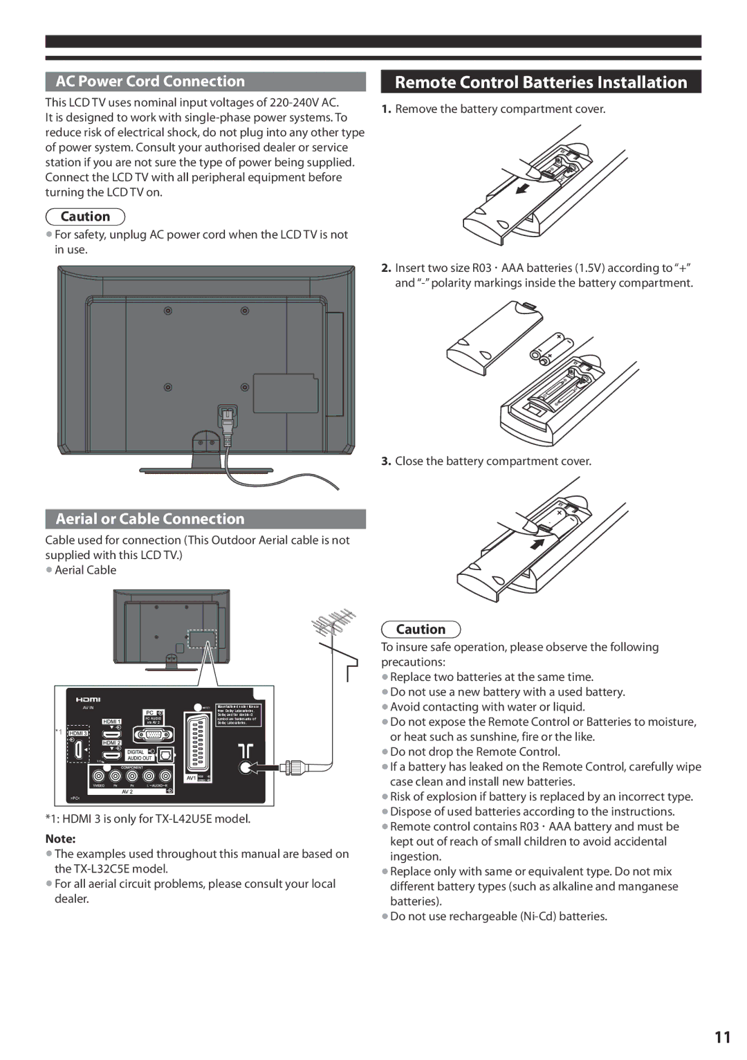 Panasonic TX-L32C5E, TX-L42U5E Remote Control Batteries Installation, AC Power Cord Connection, Aerial or Cable Connection 