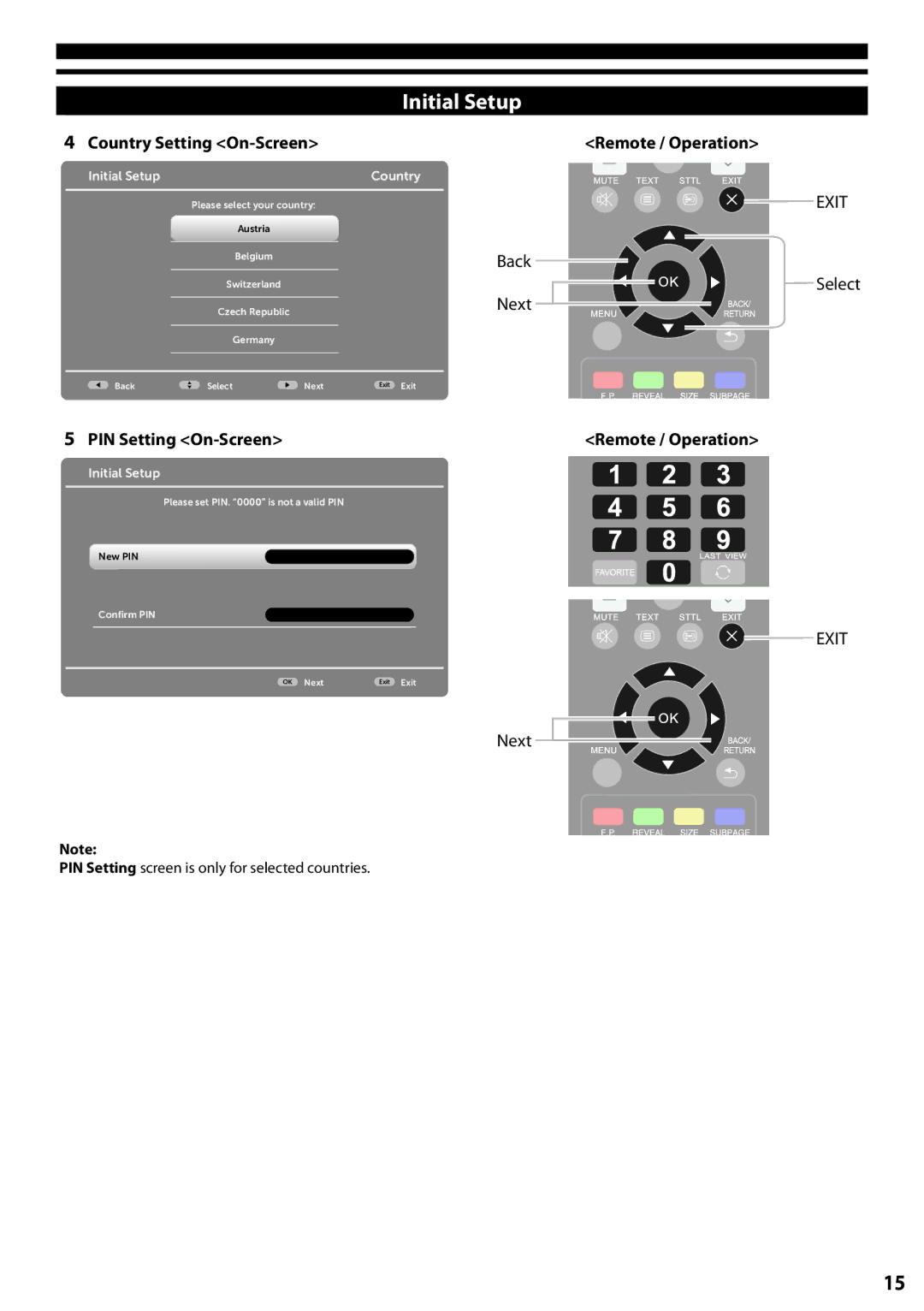 Panasonic TX-L32C5E Country Setting On-Screen, PIN Setting On-Screen, PIN Setting screen is only for selected countries 