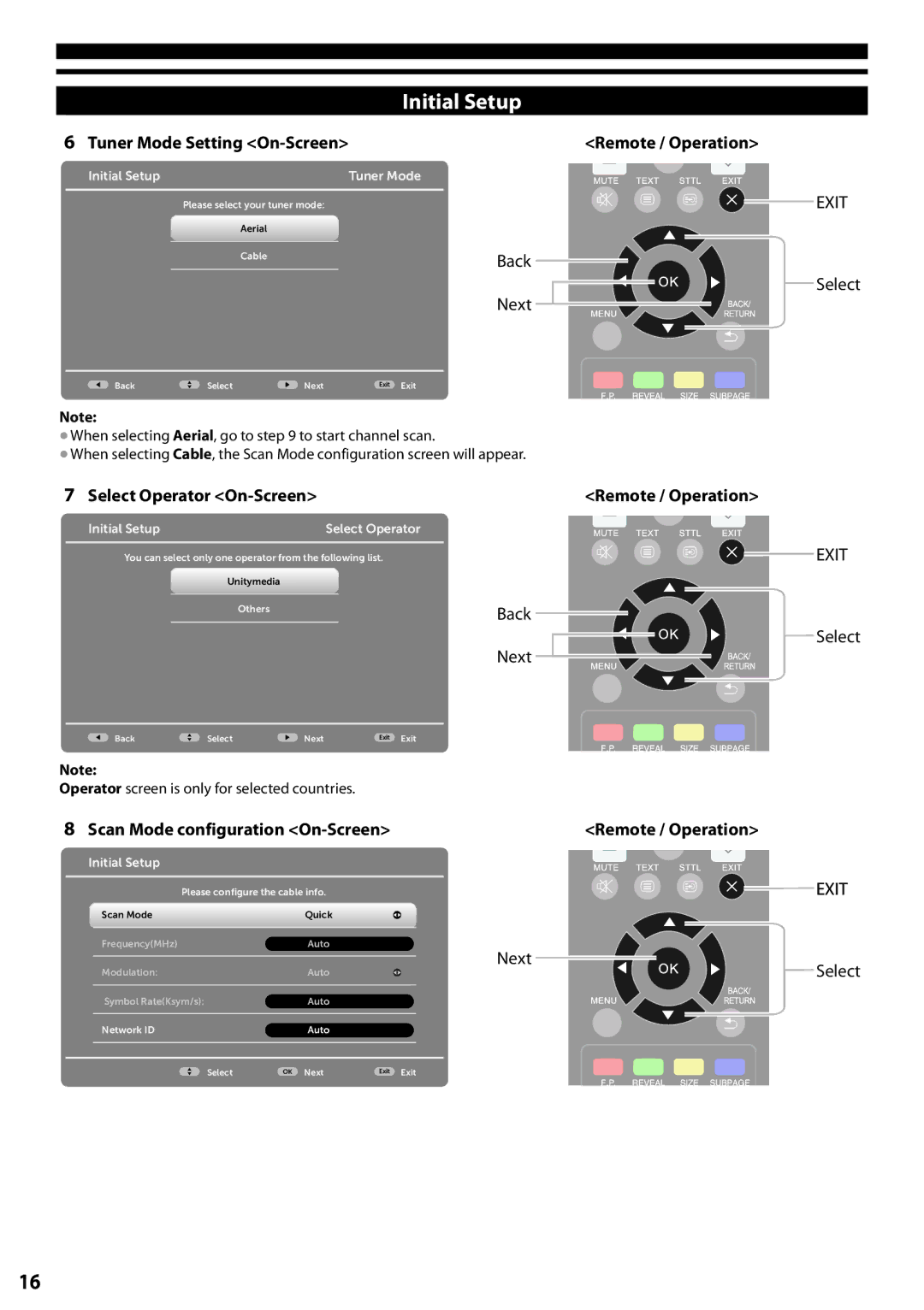 Panasonic TX-L42U5E, TX-L32C5E Tuner Mode Setting On-Screen, Select Operator On-Screen, Scan Mode configuration On-Screen 