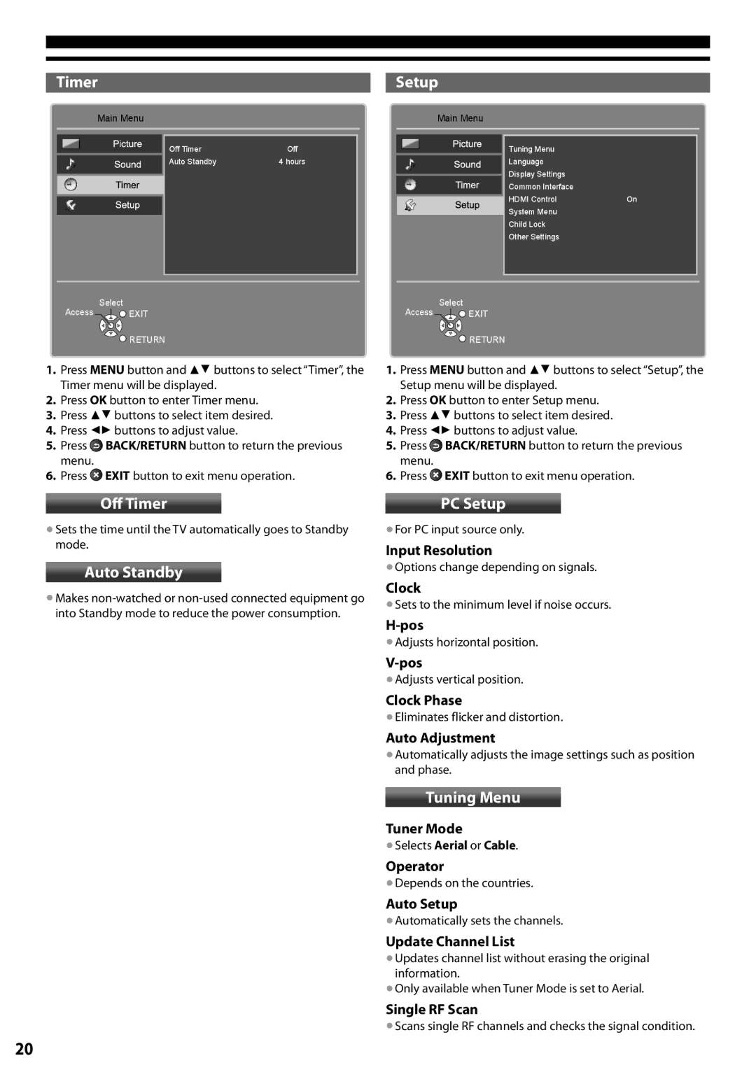 Panasonic TX-L42U5E, TX-L32C5E manual Off Timer, Auto Standby, PC Setup, Tuning Menu 