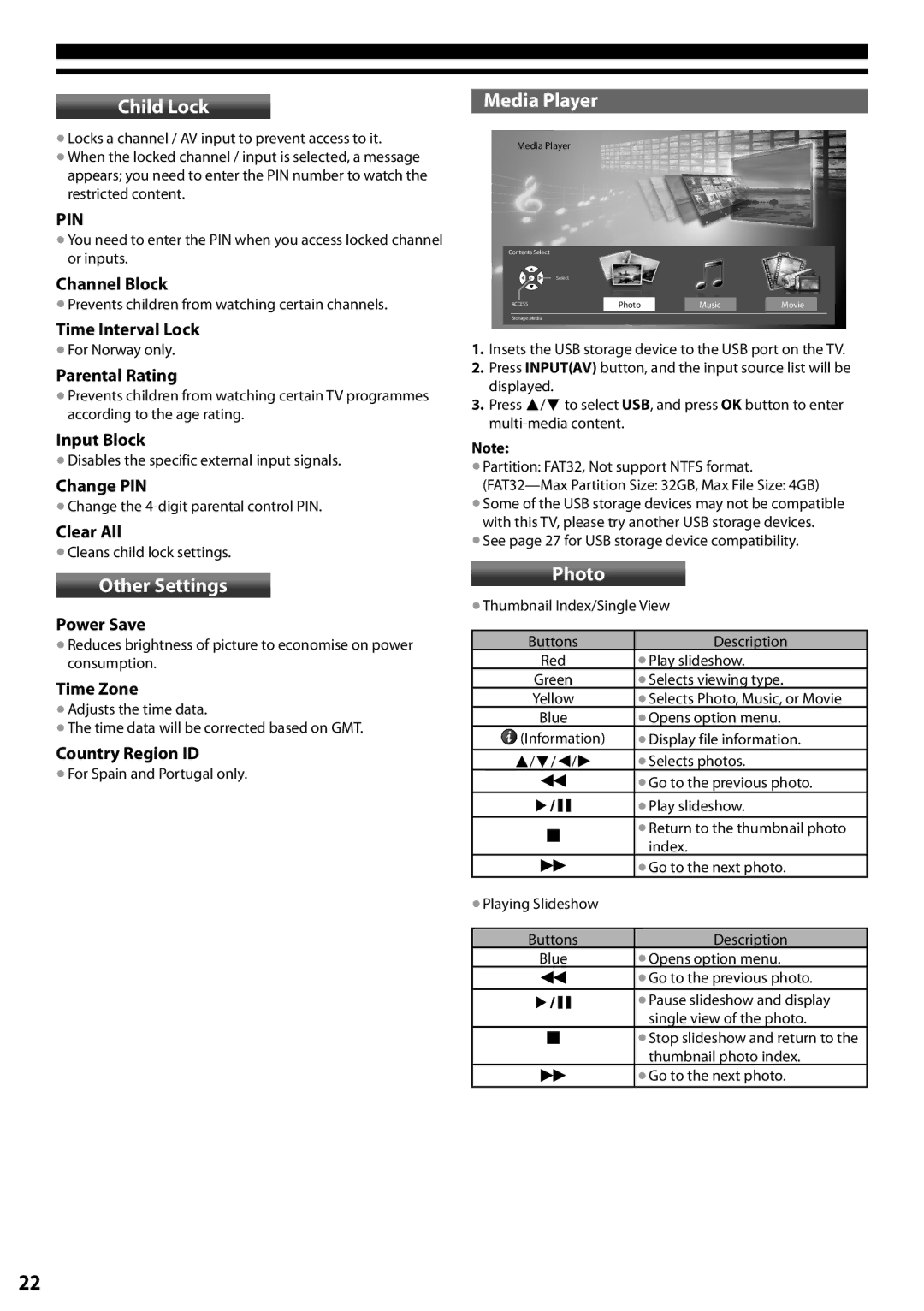 Panasonic TX-L42U5E, TX-L32C5E manual Child Lock, Other Settings, Media Player, Photo 