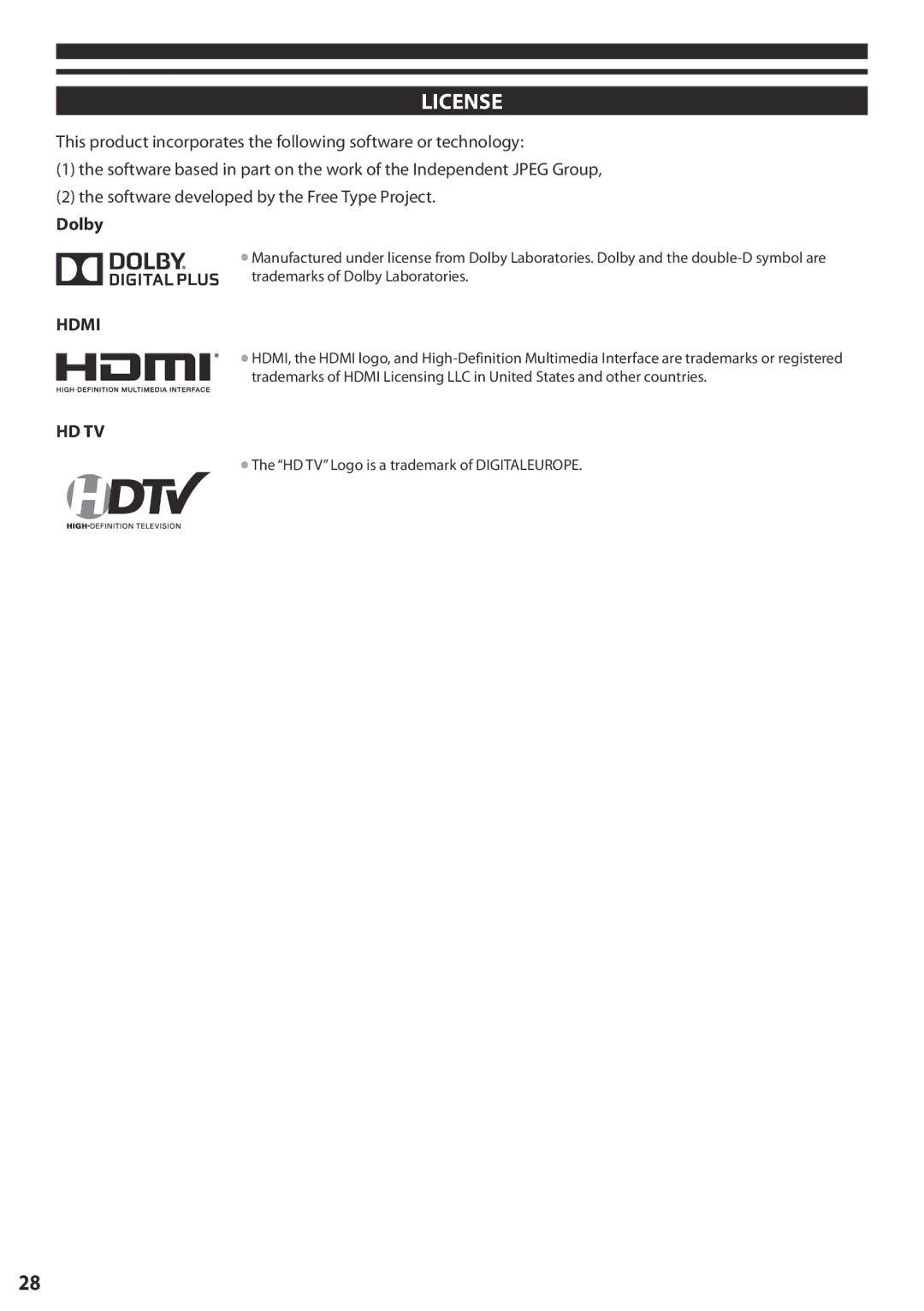 Panasonic TX-L42U5E, TX-L32C5E manual License, Dolby, HD TV Logo is a trademark of Digitaleurope 