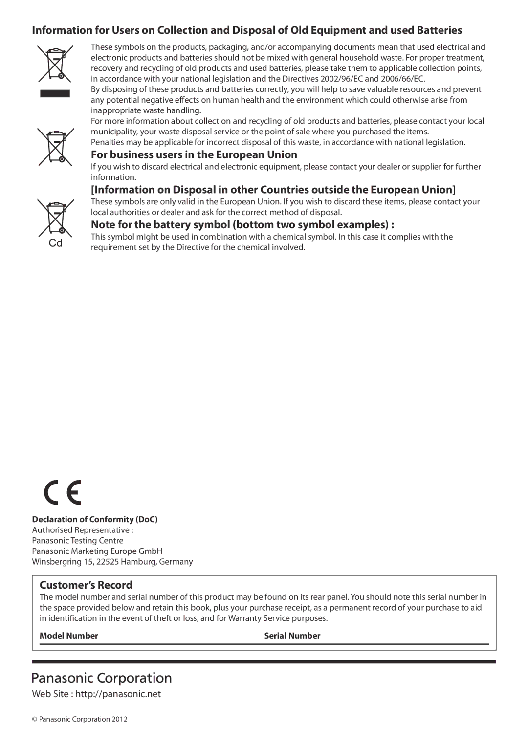 Panasonic TX-L42U5E, TX-L32C5E manual For business users in the European Union, Customer’s Record 