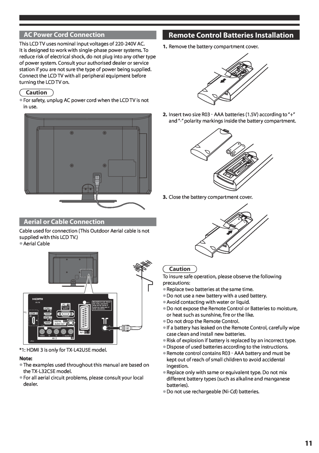 Panasonic TX-L32C5E, TX-L42U5E Remote Control Batteries Installation, AC Power Cord Connection, Aerial or Cable Connection 