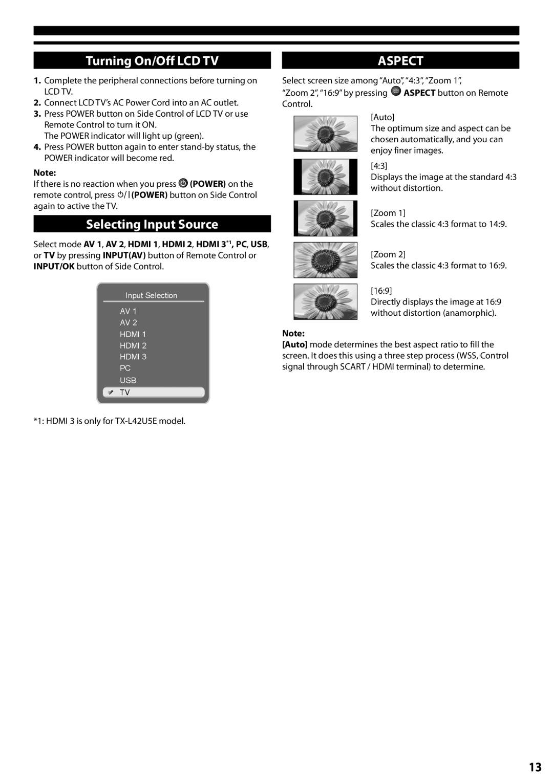 Panasonic TX-L32C5E, TX-L42U5E manual Turning On/Off LCD TV, Selecting Input Source, Aspect 
