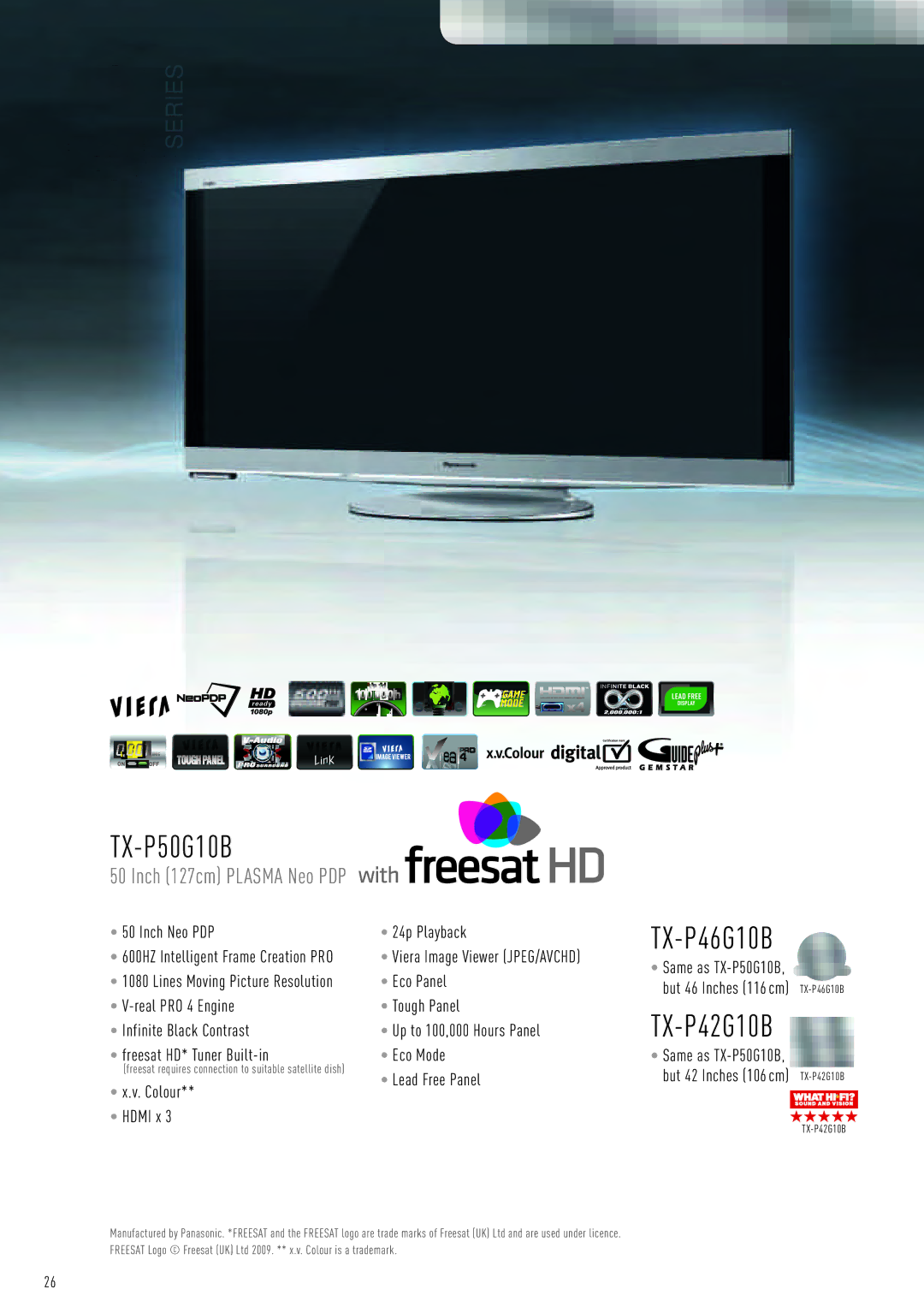 Panasonic TX-L37G10B, TX-P54Z1, TX-P58V10B, TX-P50V10 manual TX-P50G10B, TX-P46G10B, TX-P42G10B, Inch 127cm Plasma Neo PDP 