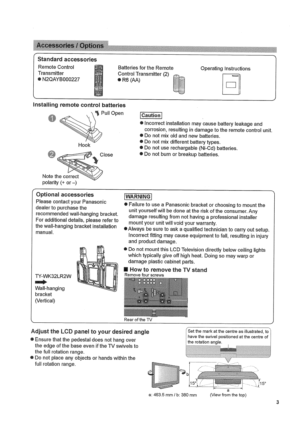 Panasonic TX32LX80 manual Standardaccessories, Icautionj, Optional accessories, How to remove the TV stand 