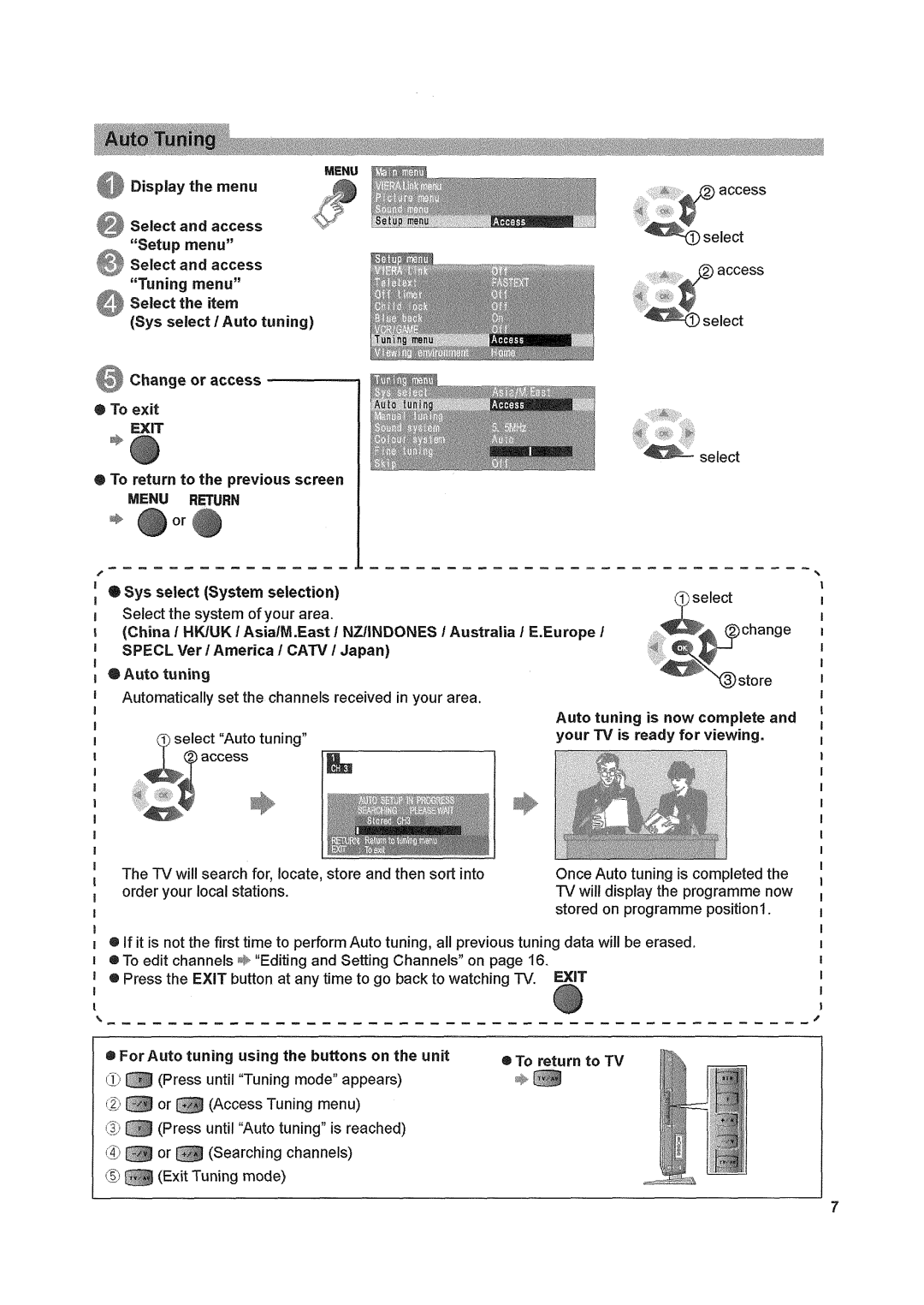 Panasonic TX32LX80 manual access, select, Press until-runing modeappears, MENU REMBN or, Select the system of your area 