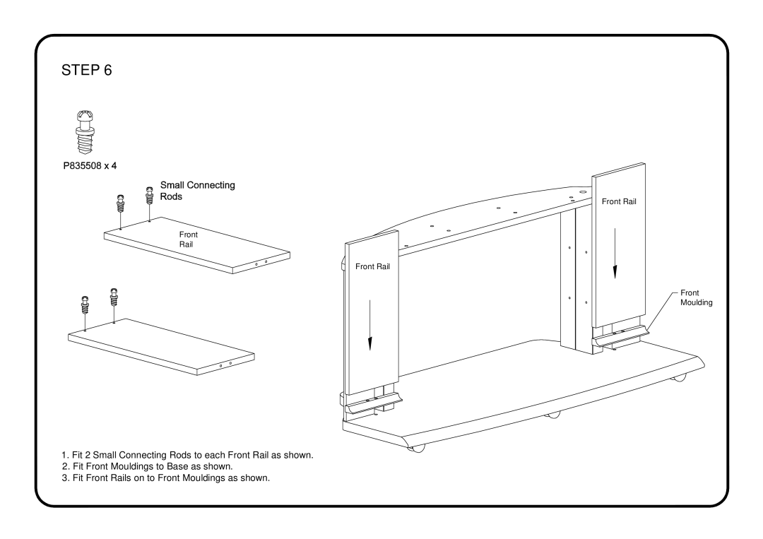 Panasonic TY-42PV30NZ manual Step, Fit Front Mouldings to Base as shown, Fit Front Rails on to Front Mouldings as shown 