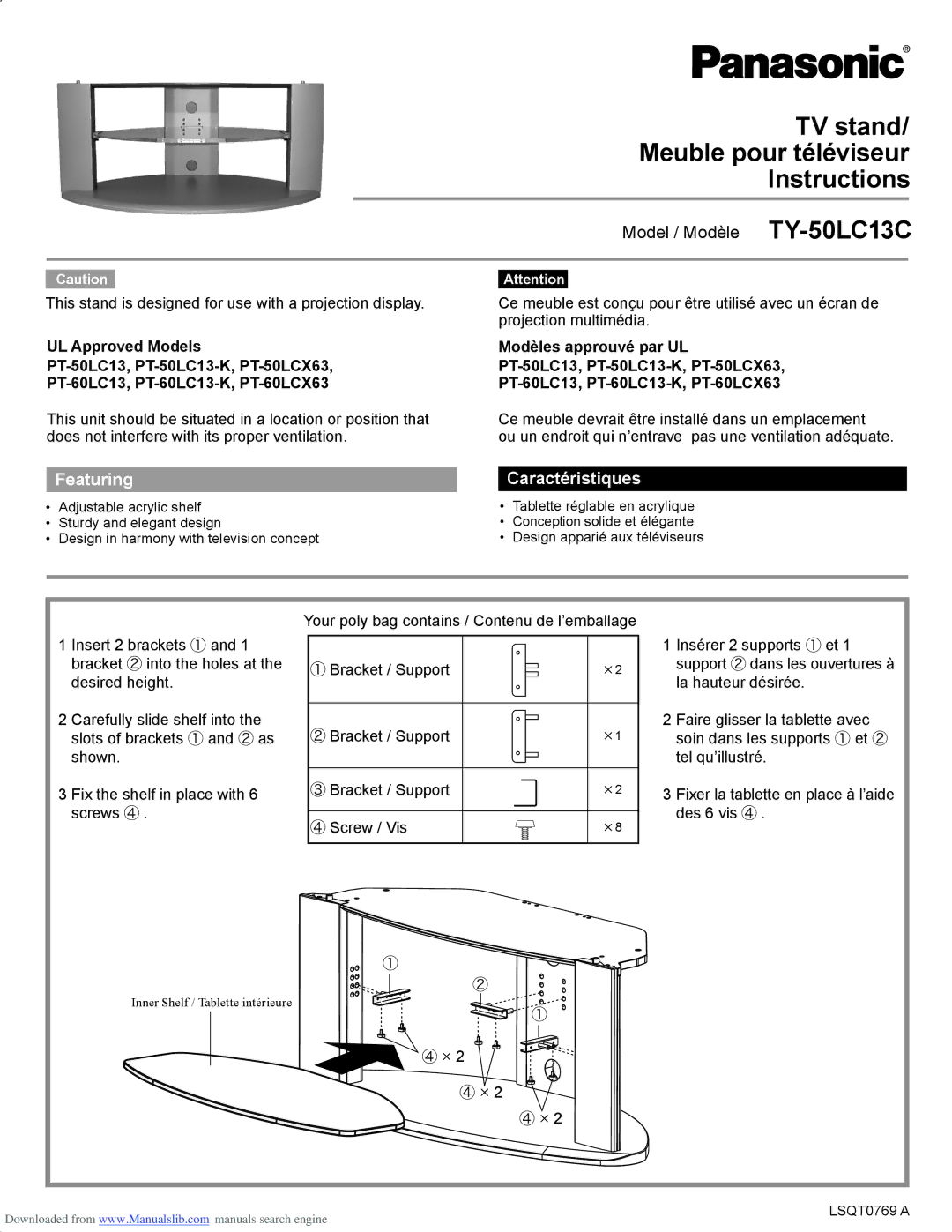 Panasonic TY-50LC13C manual TV stand/ Meuble pour téléviseur Instructions, Featuring Caractéristiques 