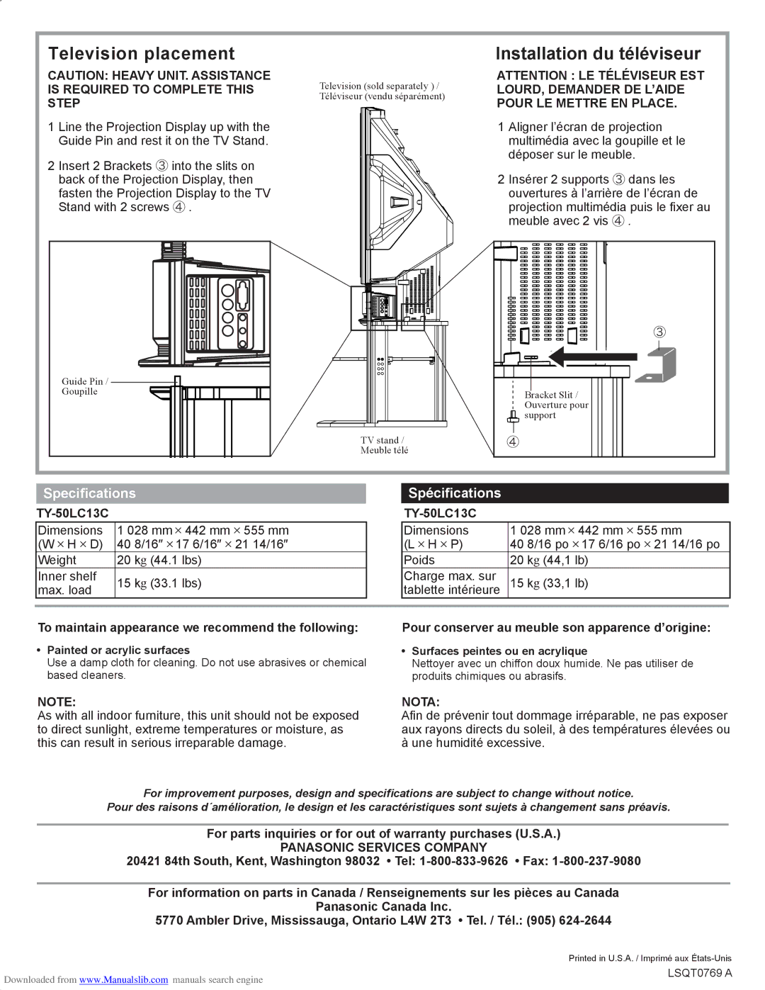 Panasonic TY-50LC13C manual Television placement, Installation du téléviseur, Speciﬁcations, Spéciﬁcations 