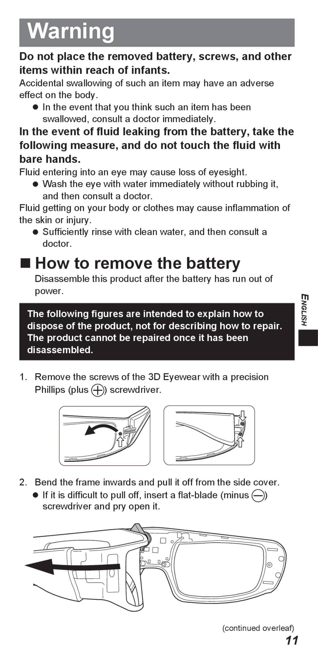 Panasonic TY-ER3D4SW, TY-ER3D4MW operating instructions „„How to remove the battery 