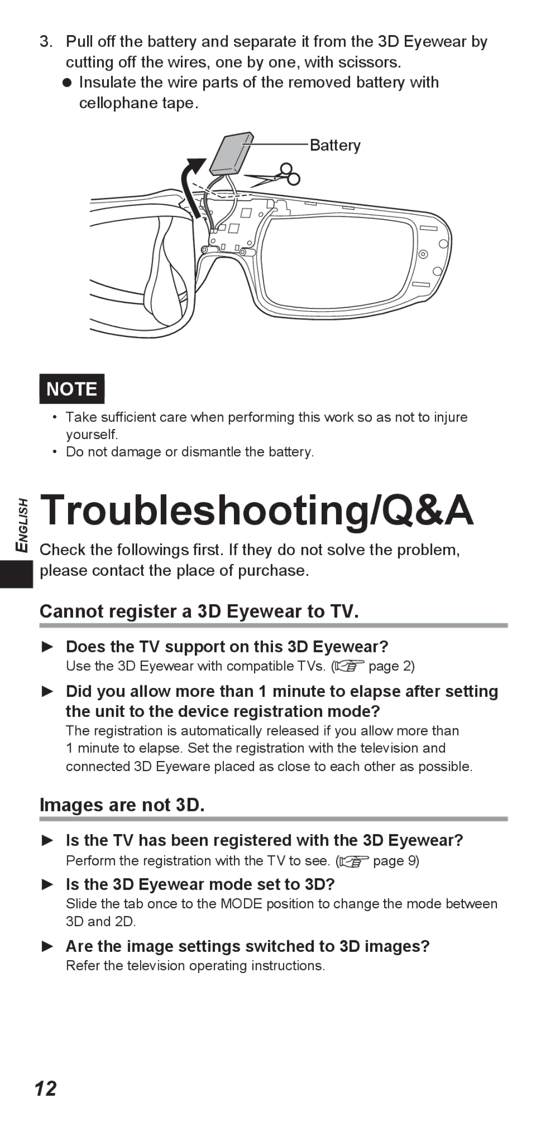 Panasonic TY-ER3D4MW Troubleshooting/Q&A, Does the TV support on this 3D Eyewear?, Is the 3D Eyewear mode set to 3D? 