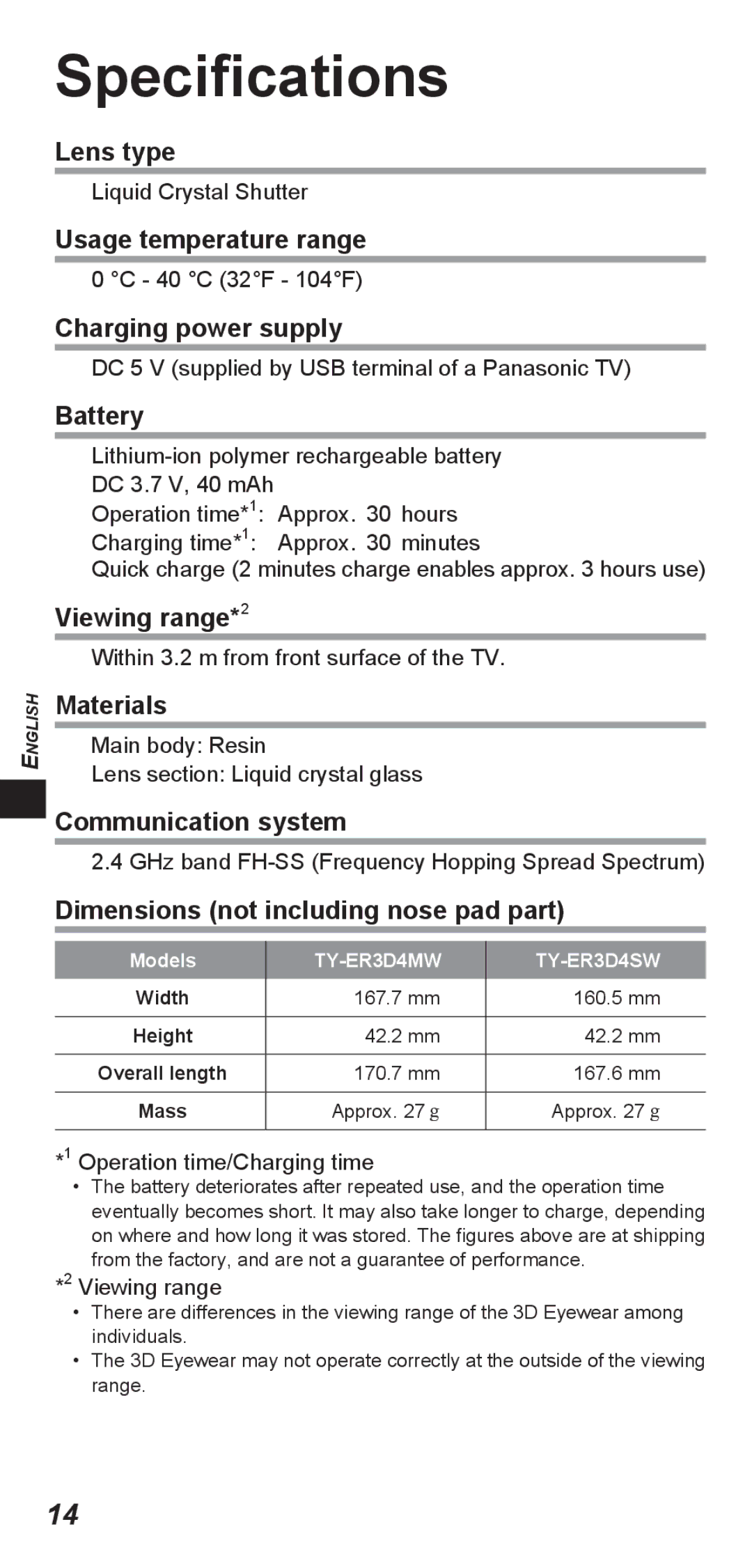 Panasonic TY-ER3D4MW, TY-ER3D4SW operating instructions Specifications, Battery 