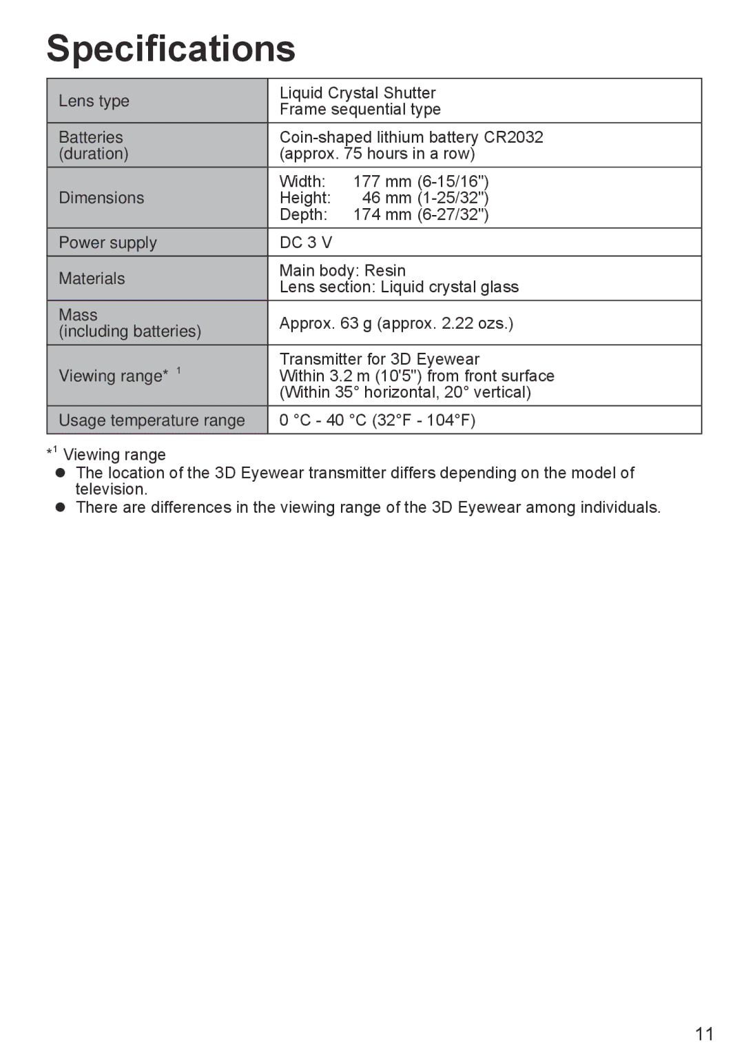 Panasonic TY-EW3D10U manual Specifications 