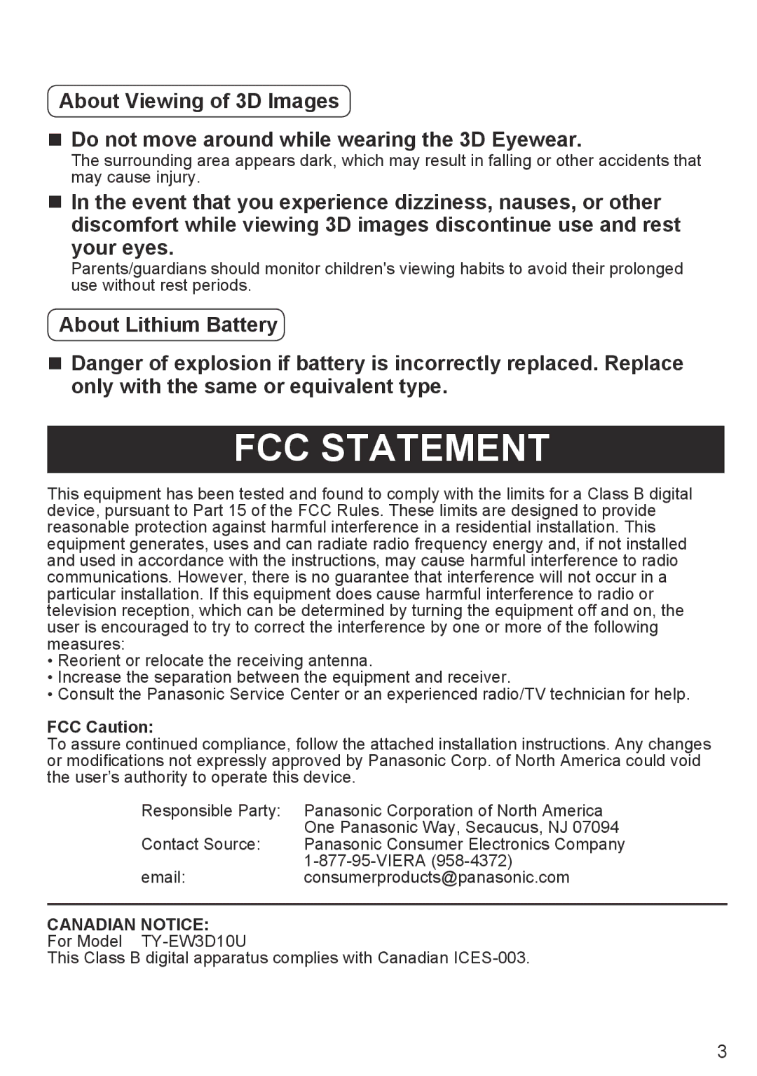 Panasonic TY-EW3D10U manual FCC Statement, FCC Caution 