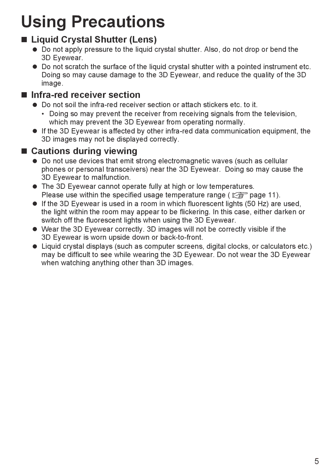 Panasonic TY-EW3D10U manual Using Precautions, „„Infra-red receiver section, „„Cautions during viewing 