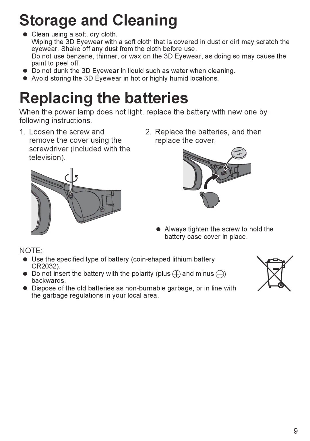 Panasonic TY-EW3D10U manual Storage and Cleaning, Replacing the batteries 