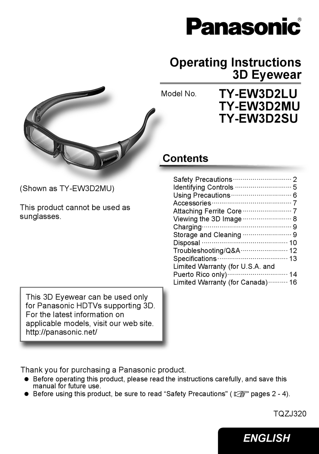 Panasonic TY-EW3D2LU, TYEW3D2SU, TYEW3D2LU warranty TY-EW3D2MU TY-EW3D2SU 