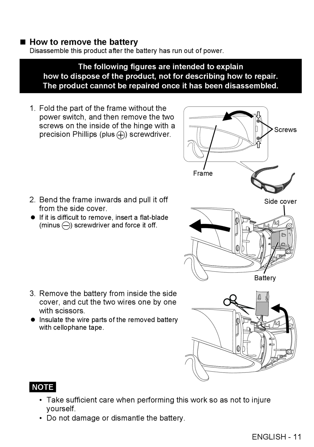 Panasonic TY-EW3D2LU, TY-EW3D2SU, TY-EW3D2MU, TYEW3D2SU, TYEW3D2LU warranty „„How to remove the battery, From the side cover 