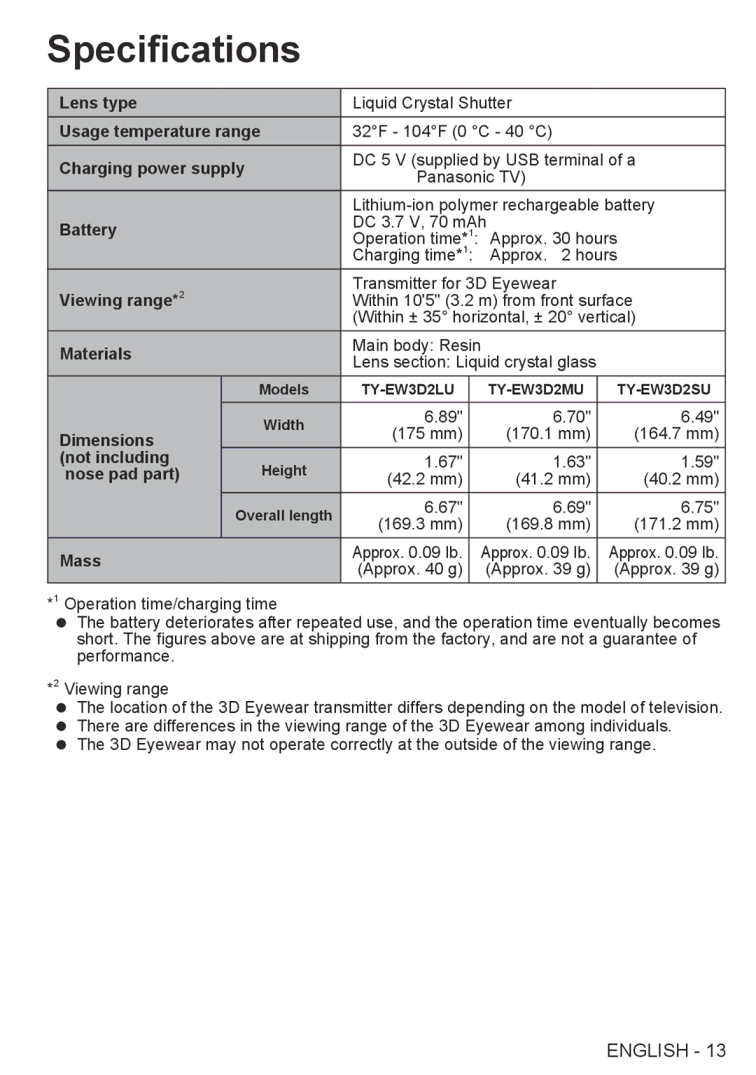 Panasonic TYEW3D2SU, TY-EW3D2SU, TY-EW3D2LU, TY-EW3D2MU, TYEW3D2LU warranty Specifications, Viewing range*2 