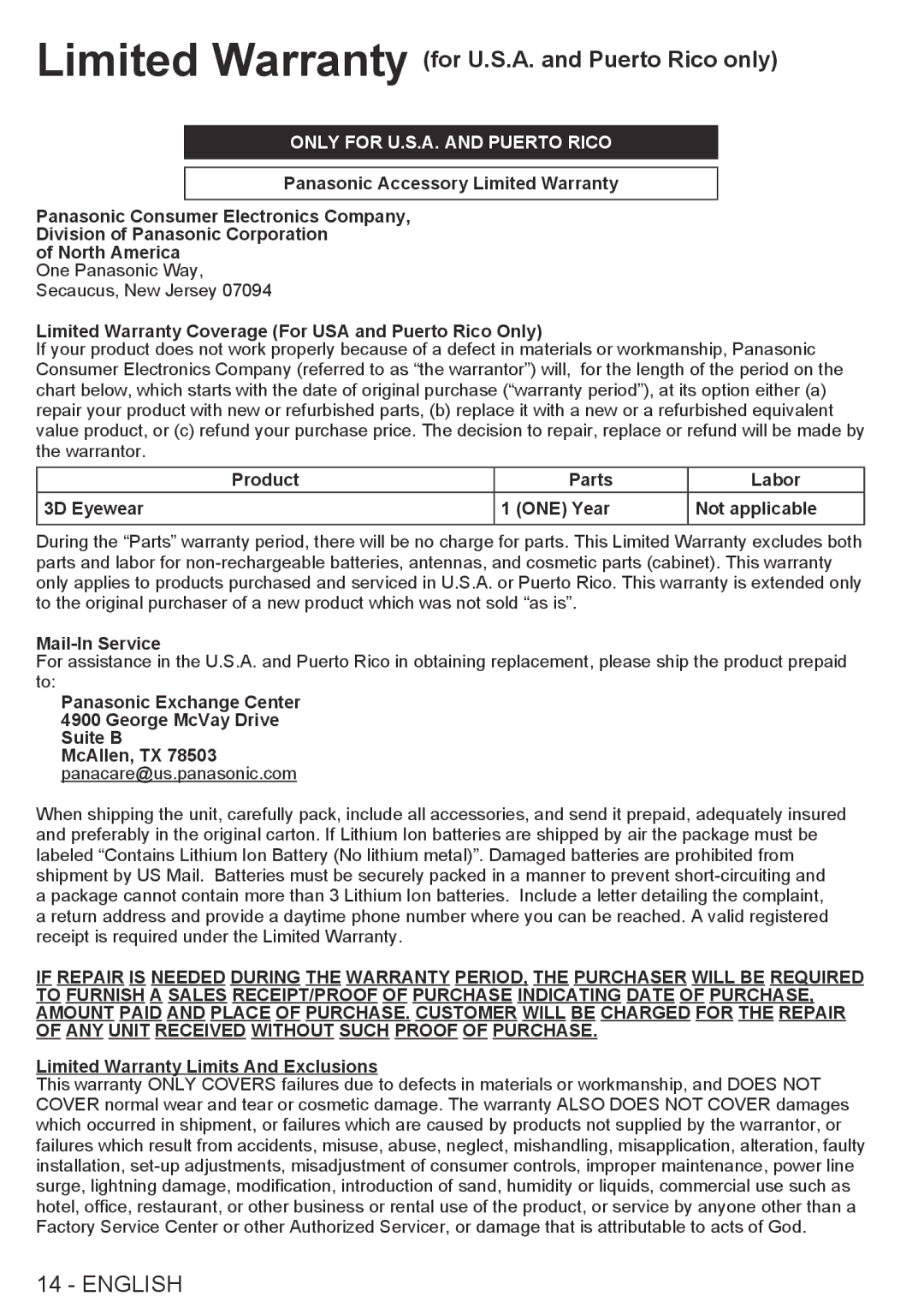 Panasonic TYEW3D2LU, TY-EW3D2SU, TY-EW3D2LU, TY-EW3D2MU, TYEW3D2SU warranty Limited Warranty for U.S.A. and Puerto Rico only 