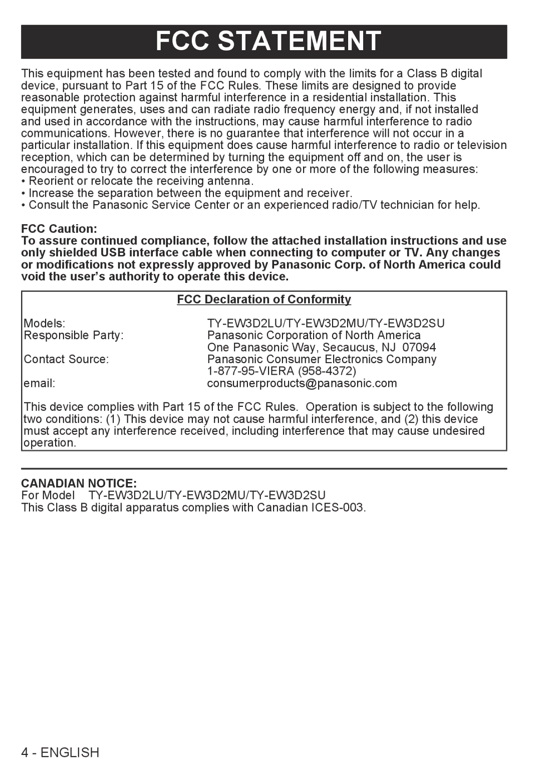 Panasonic TYEW3D2LU, TY-EW3D2SU, TY-EW3D2LU, TY-EW3D2MU, TYEW3D2SU warranty FCC Statement 