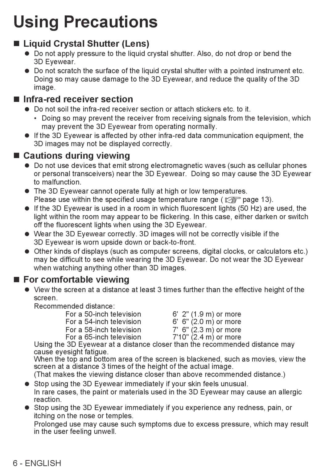 Panasonic TY-EW3D2LU, TY-EW3D2SU, TY-EW3D2MU Using Precautions, „„Liquid Crystal Shutter Lens, „„Infra-red receiver section 