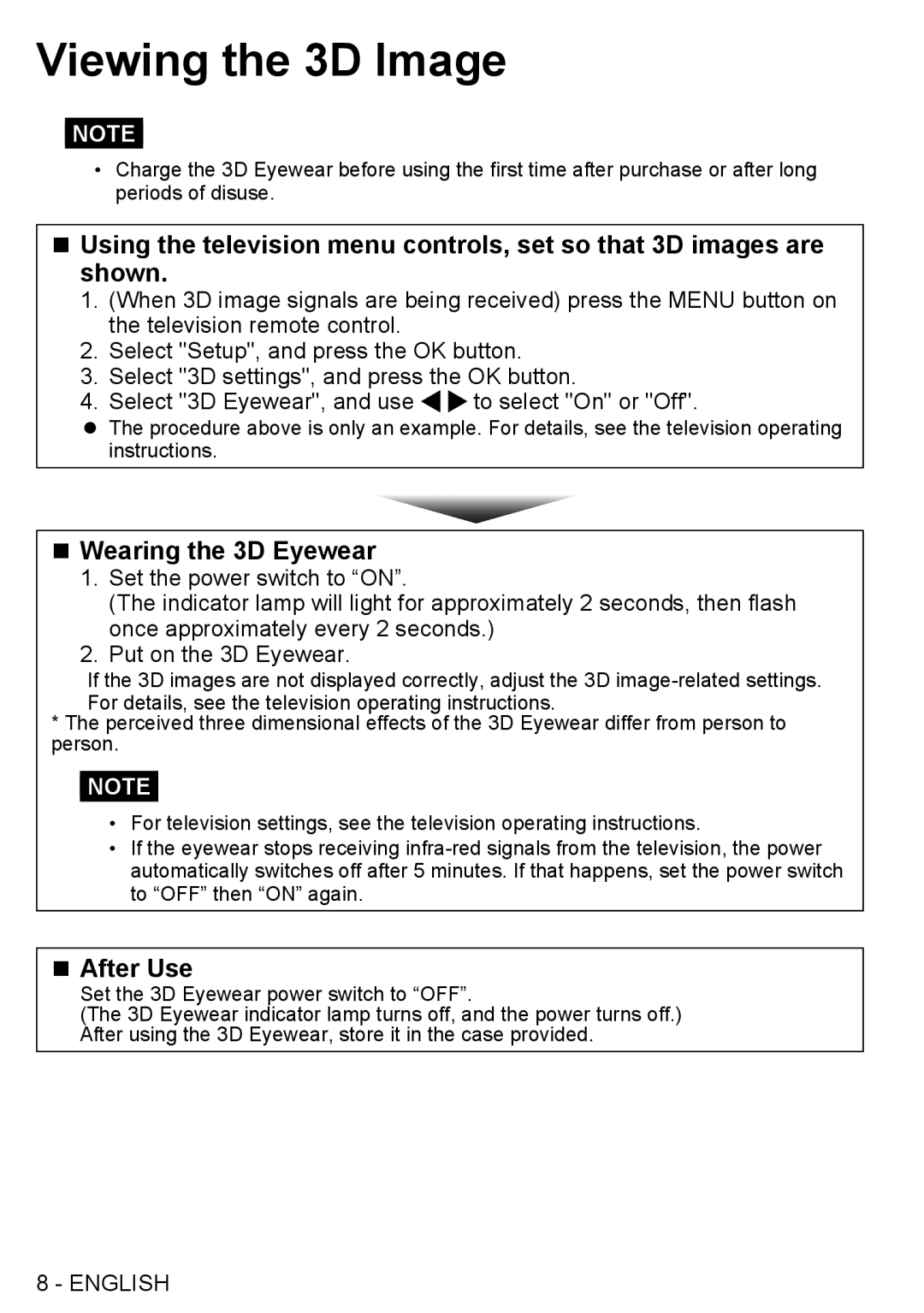 Panasonic TYEW3D2SU, TY-EW3D2SU, TY-EW3D2LU, TY-EW3D2MU warranty Viewing the 3D Image, „„Wearing the 3D Eyewear, „„After Use 