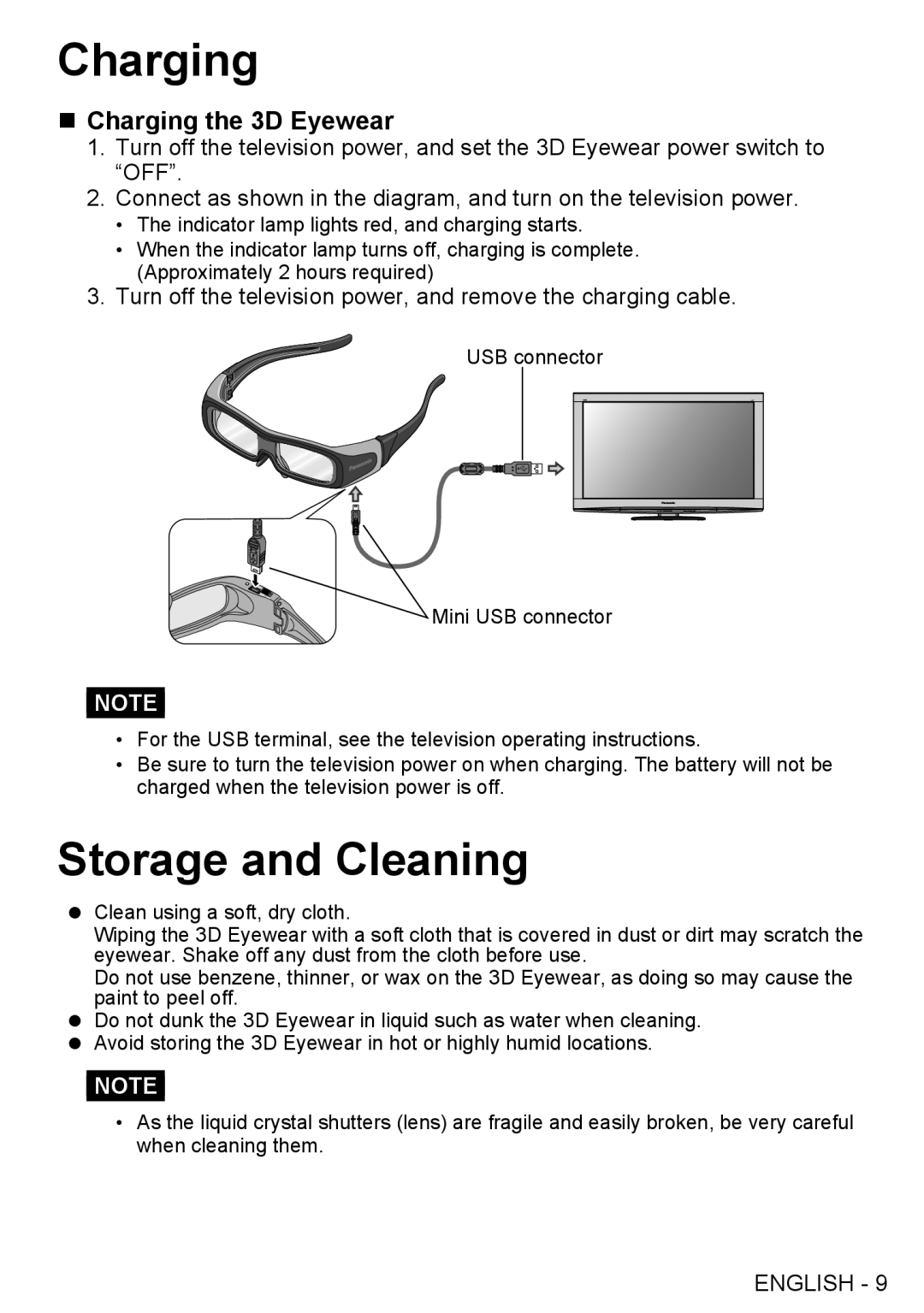 Panasonic TYEW3D2LU, TY-EW3D2SU, TY-EW3D2LU, TY-EW3D2MU, TYEW3D2SU warranty Storage and Cleaning, „„Charging the 3D Eyewear 