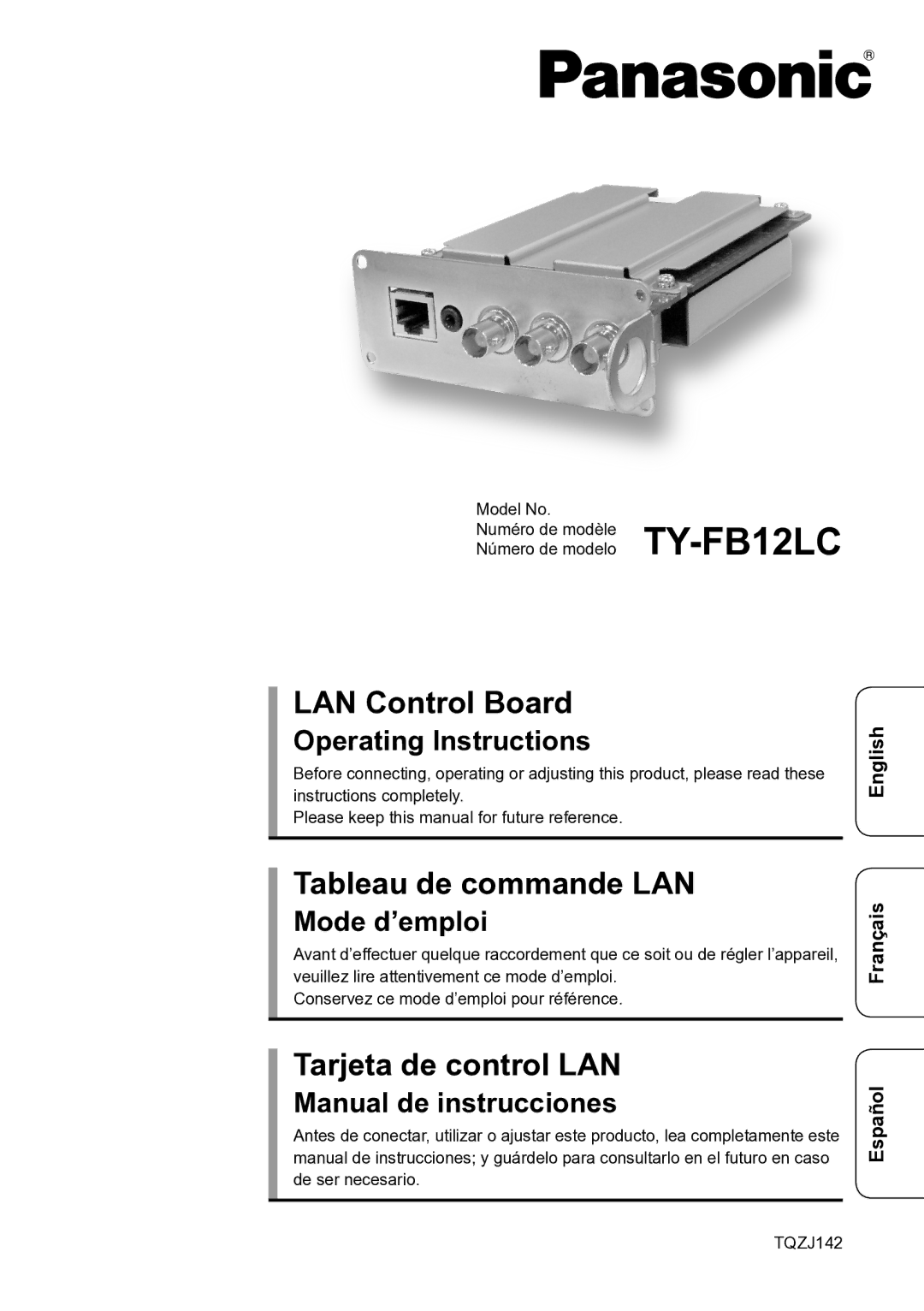 Panasonic TY-FB12LC operating instructions LAN Control Board, Tableau de commande LAN, Tarjeta de control LAN 