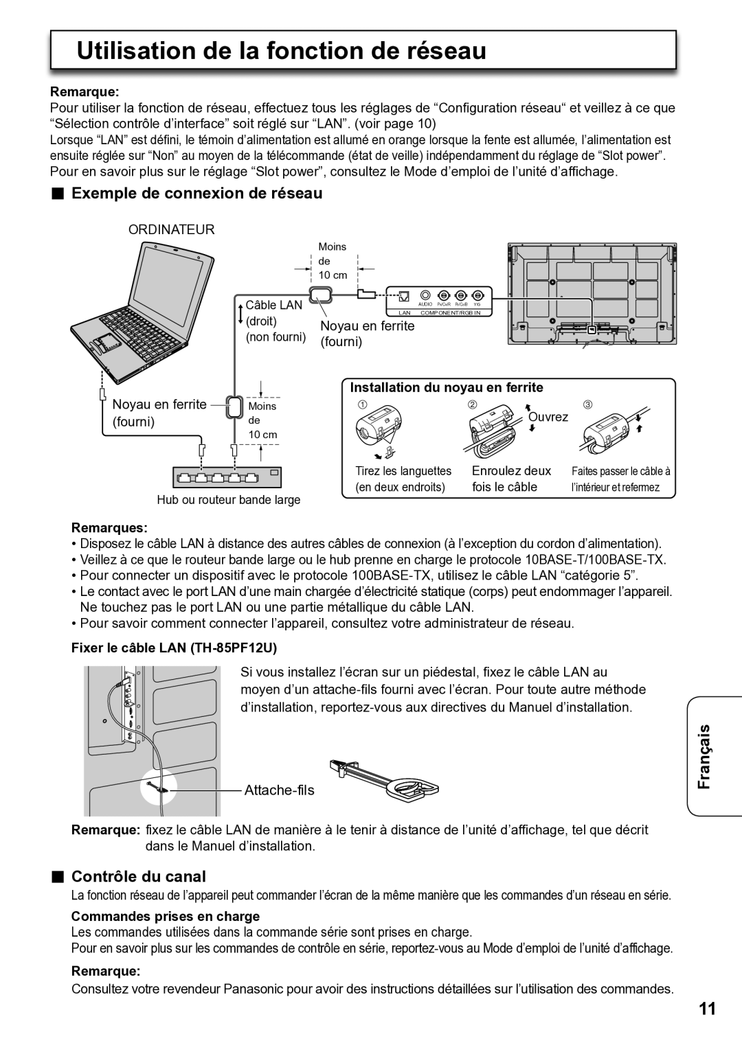 Panasonic TY-FB12LC Contrôle du canal, Installation du noyau en ferrite, Fixer le câble LAN TH-85PF12U, Remarque 