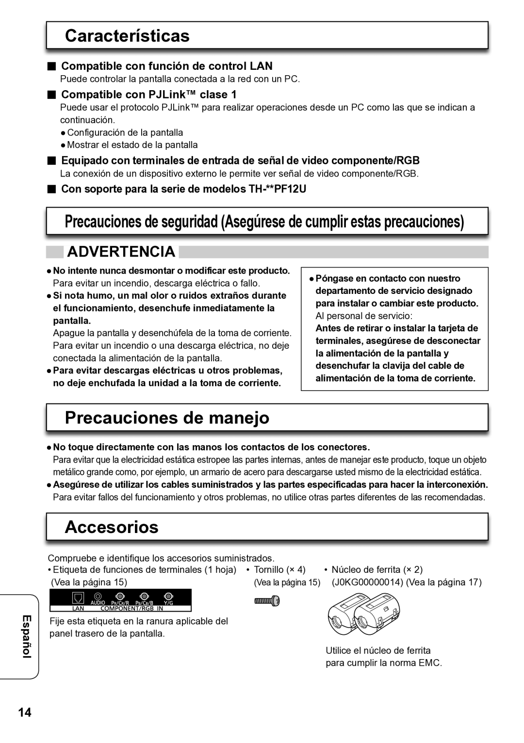 Panasonic TY-FB12LC operating instructions Características, Precauciones de manejo, Accesorios 