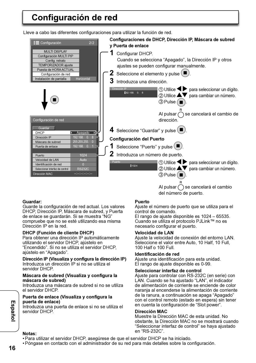 Panasonic TY-FB12LC operating instructions Configuración de red 