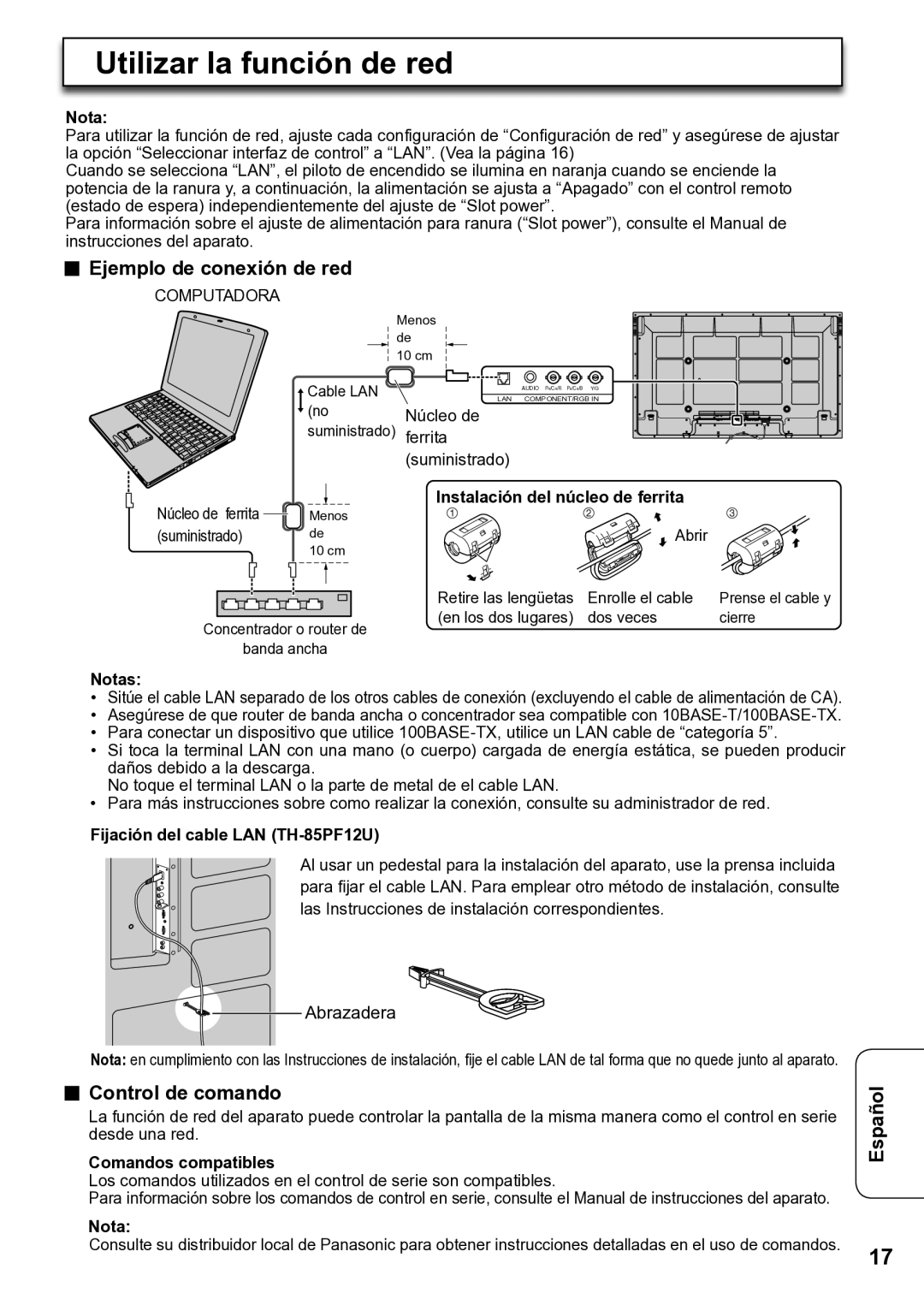 Panasonic TY-FB12LC Control de comando, Instalación del núcleo de ferrita, Fijación del cable LAN TH-85PF12U, Nota 