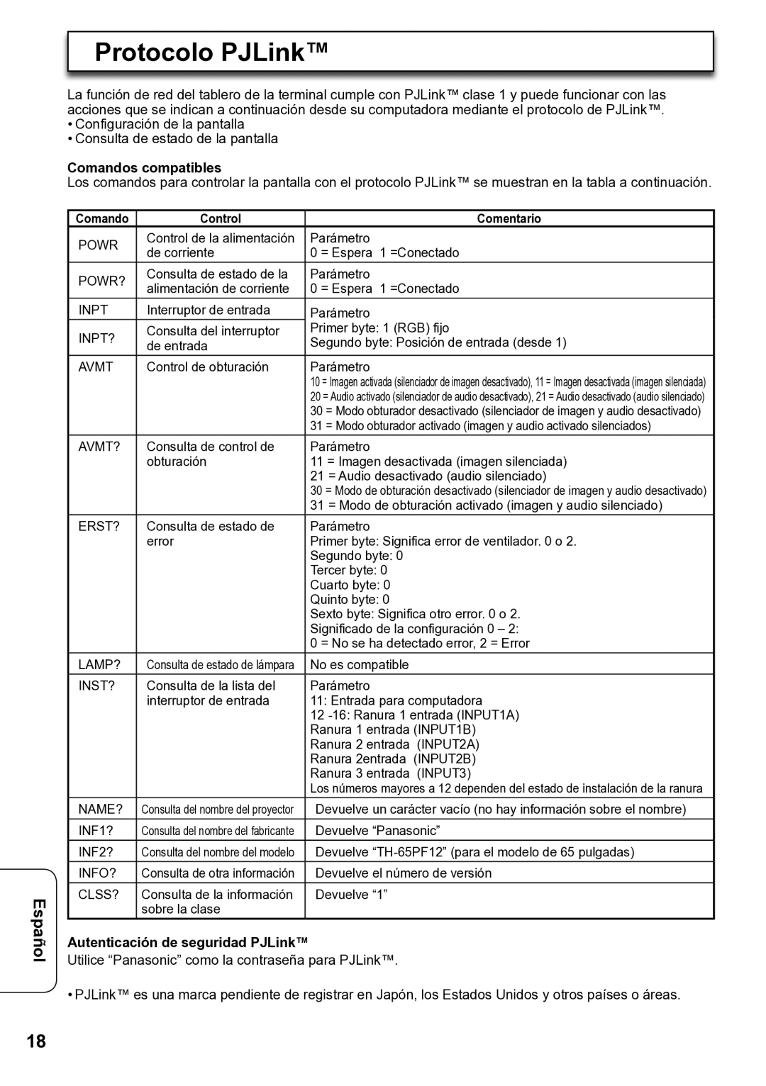 Panasonic TY-FB12LC operating instructions Protocolo PJLink, Autenticación de seguridad PJLink 