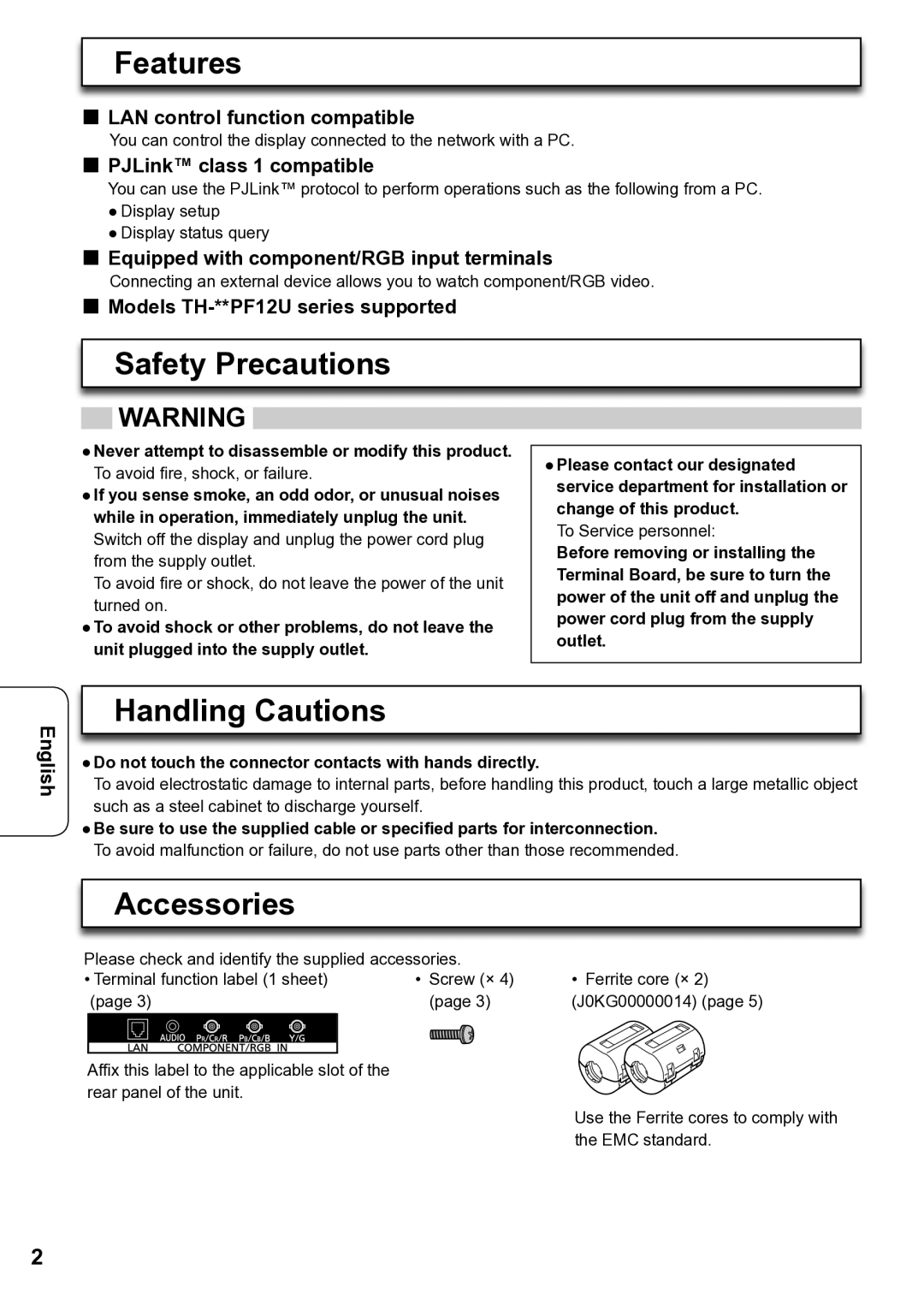 Panasonic TY-FB12LC operating instructions Features, Safety Precautions, Handling Cautions, Accessories 