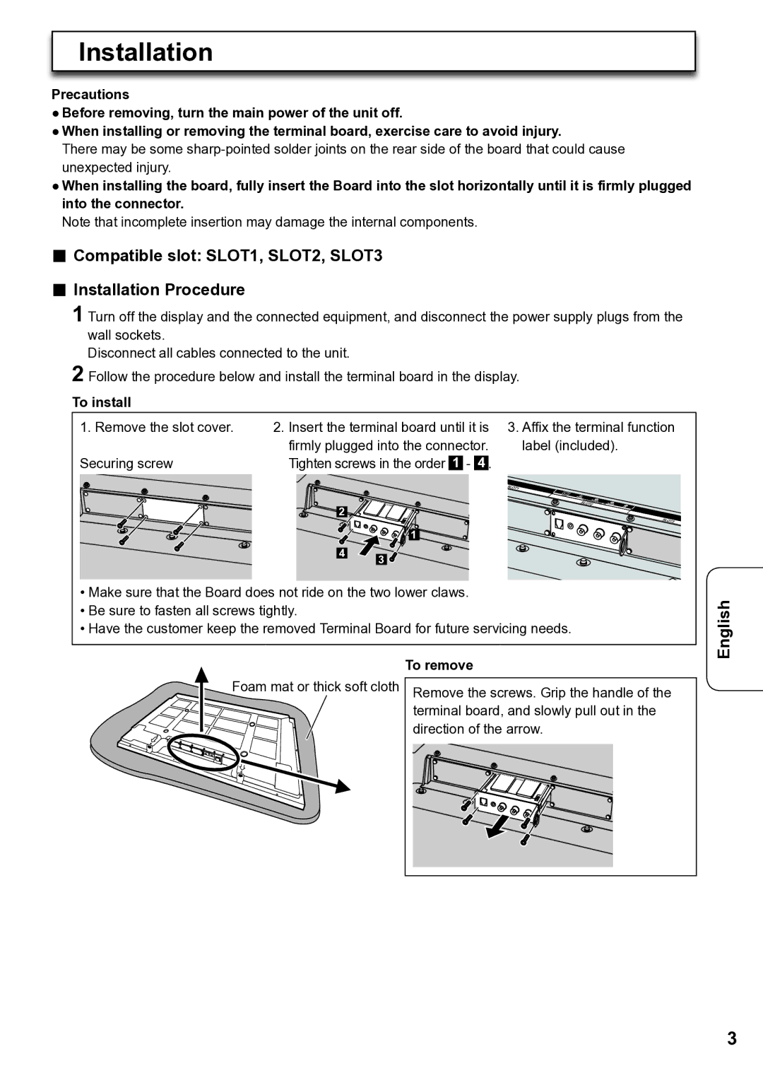 Panasonic TY-FB12LC Compatible slot SLOT1, SLOT2, SLOT3 Installation Procedure, To install, To remove 