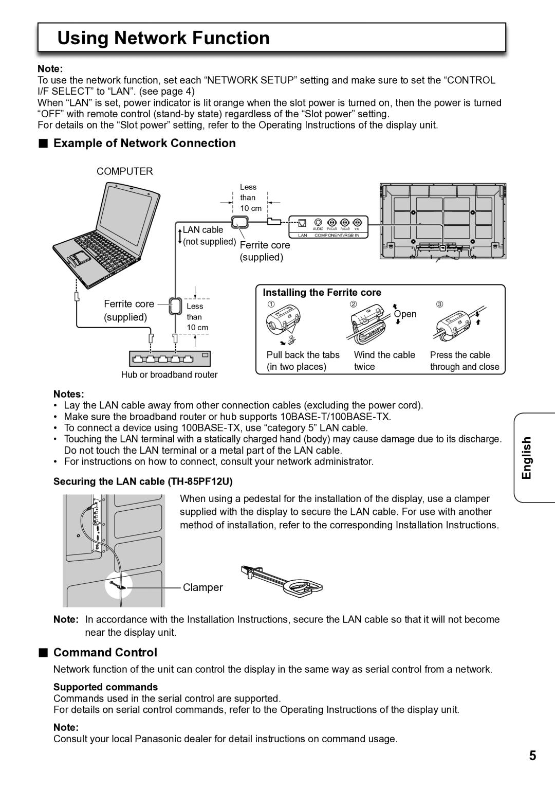 Panasonic TY-FB12LC Command Control, Installing the Ferrite core, Securing the LAN cable TH-85PF12U, Supported commands 