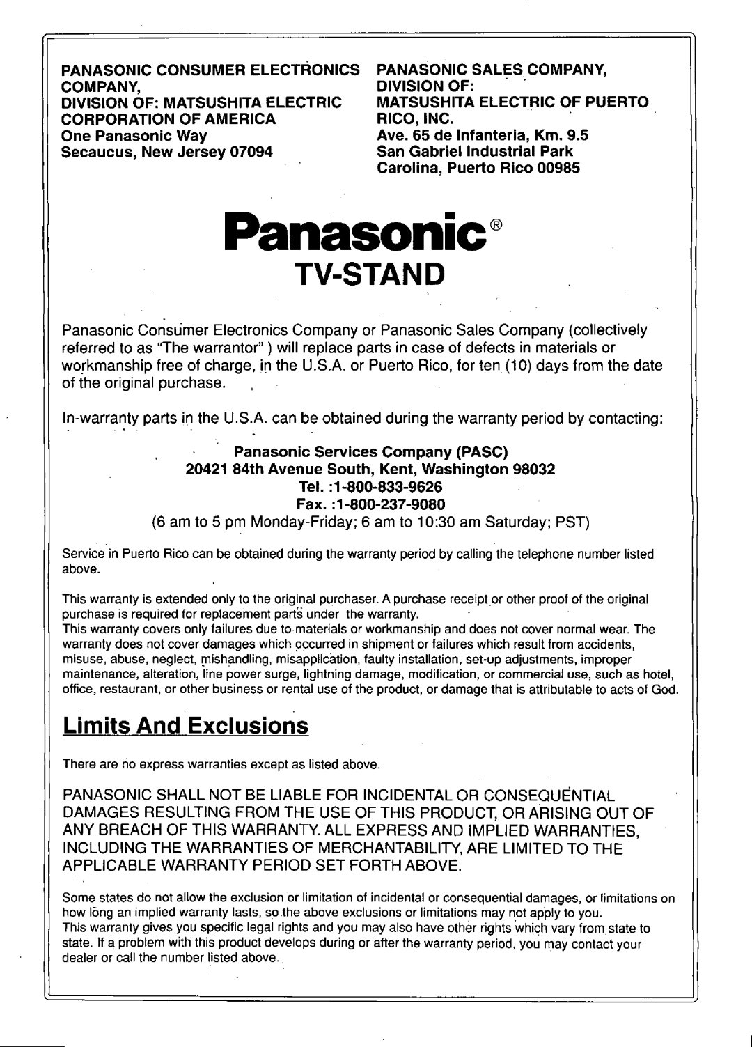 Panasonic TY-S52DL52 manual 