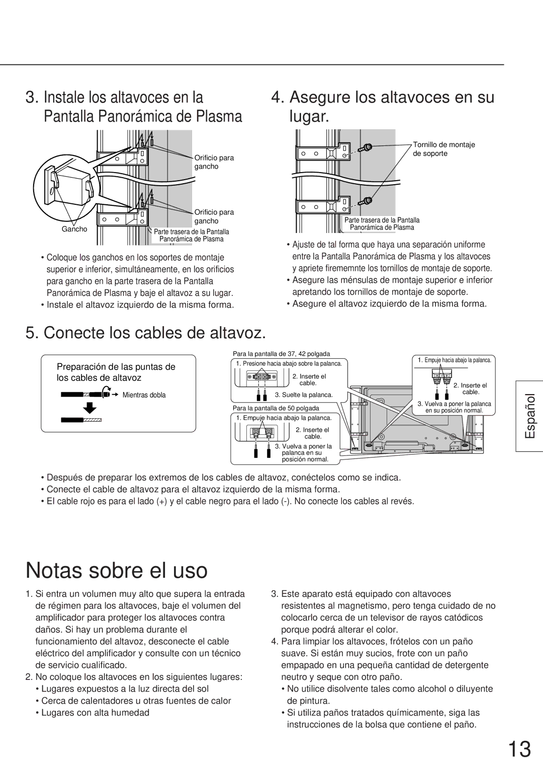 Panasonic TY-SP37P5-K, TY-SP42P5-M Notas sobre el uso, Asegure los altavoces en su lugar, Conecte los cables de altavoz 