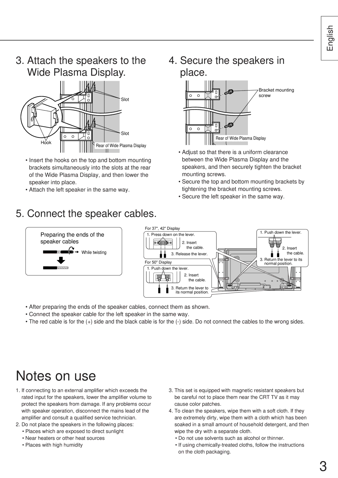 Panasonic TY-SP50P6-S manual Connect the speaker cables, Preparing the ends of the speaker cables, Bracket mounting screw 