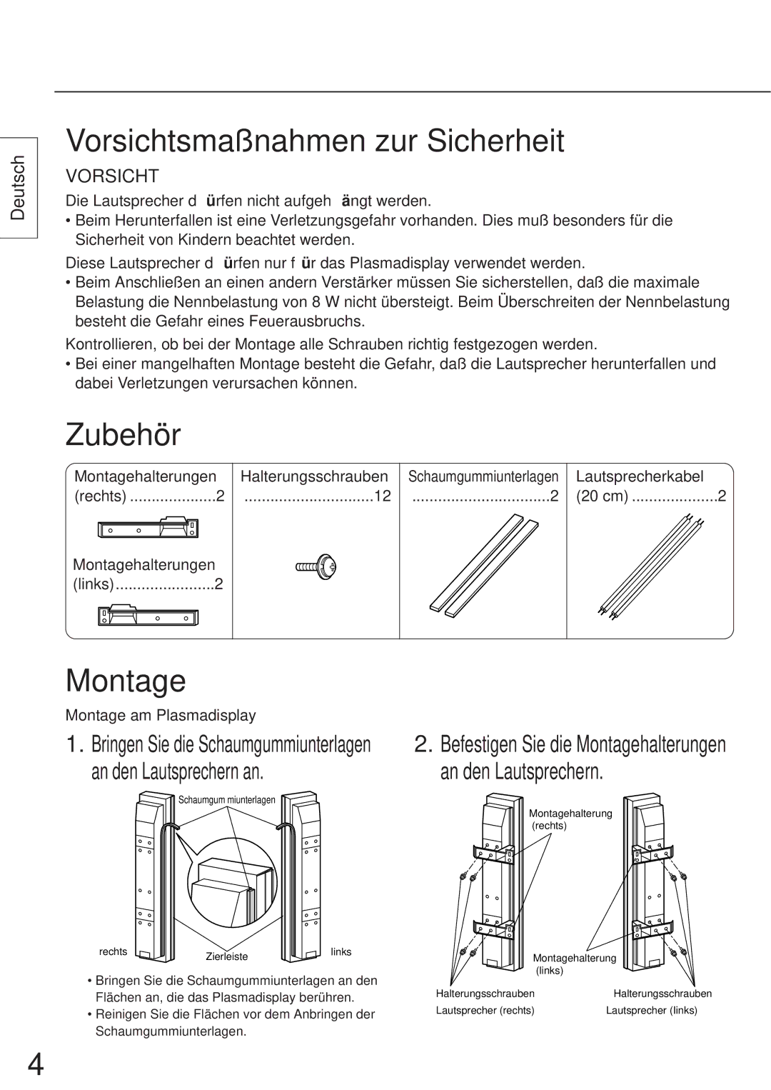 Panasonic TY-SP42P5-K, TY-SP42P5-M, TY-SP42P5-H, TY-SP37P5-K manual Vorsichtsmaß nahmen zur Sicherheit, Zubehör, Montage 