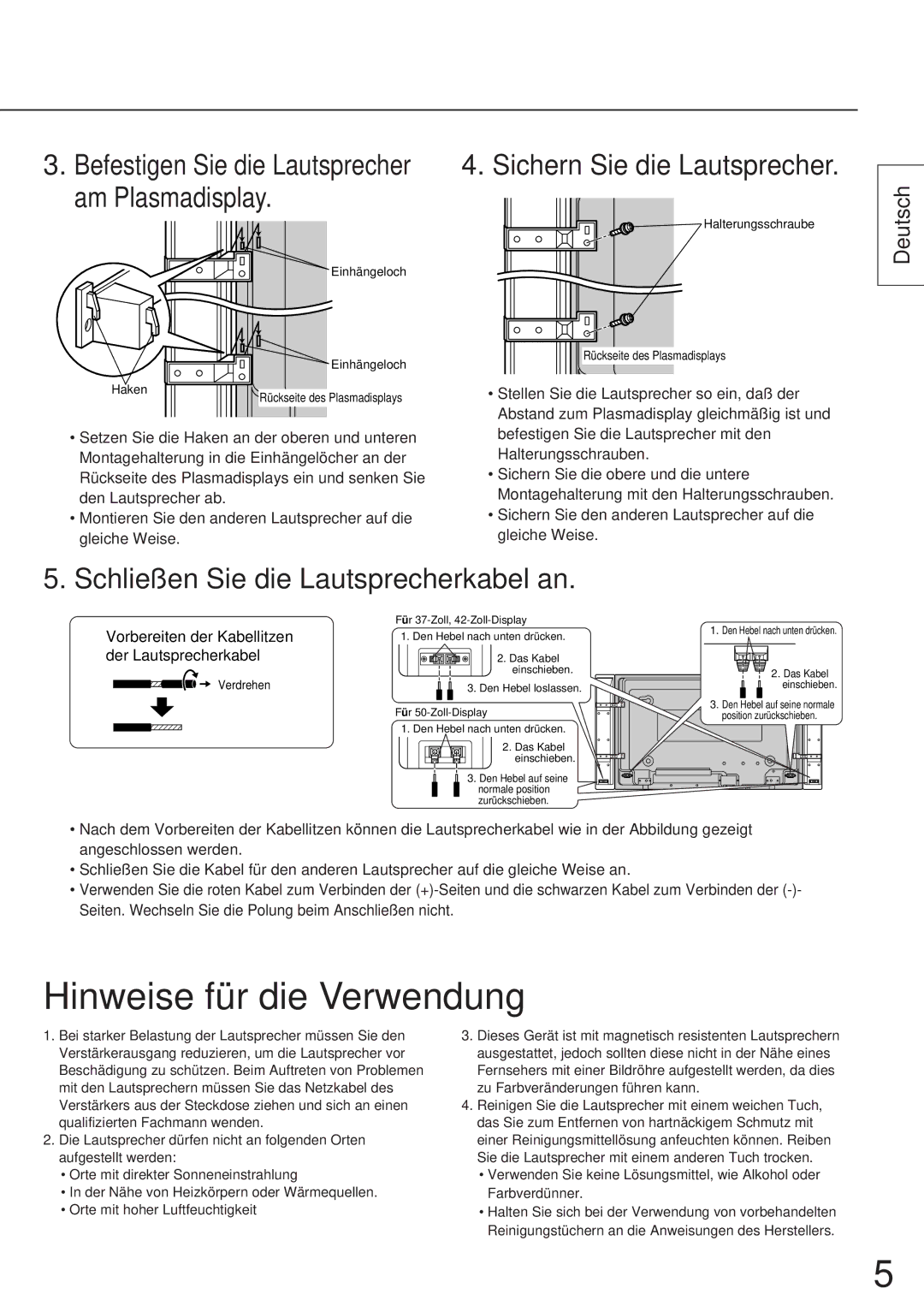 Panasonic TY-SP42P6-S Hinweise für die Verwendung, Sichern Sie die Lautsprecher, Schließ en Sie die Lautsprecherkabel an 