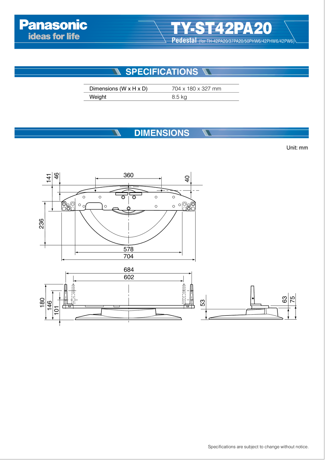 Panasonic TY-ST42PA20 specifications 