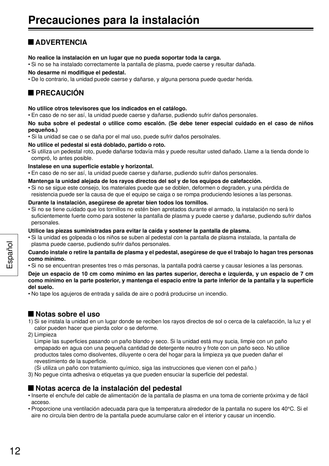 Panasonic TY-ST50VX100 Precauciones para la instalación, Advertencia, Precaución, Notas sobre el uso 