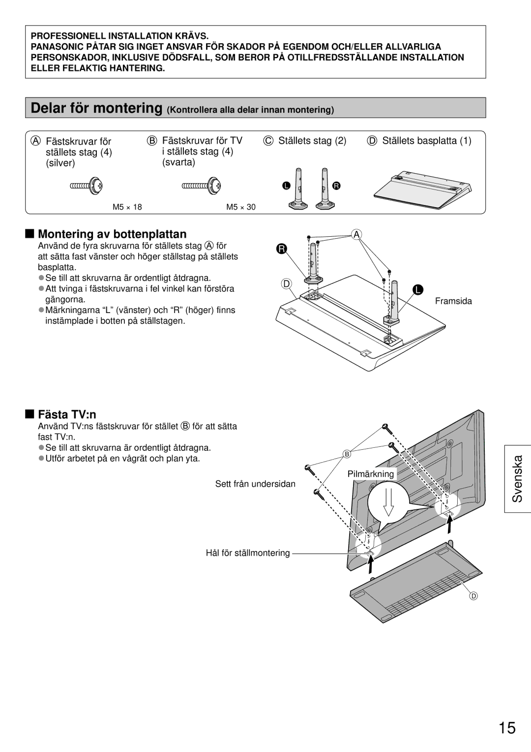 Panasonic TY-ST50VX100 Montering av bottenplattan, Fästa TVn, Delar för montering Kontrollera alla delar innan montering 